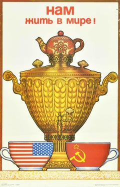 Original Vintage Soviet Poster We Live In Peace USA USSR Cold War Tea Samovar