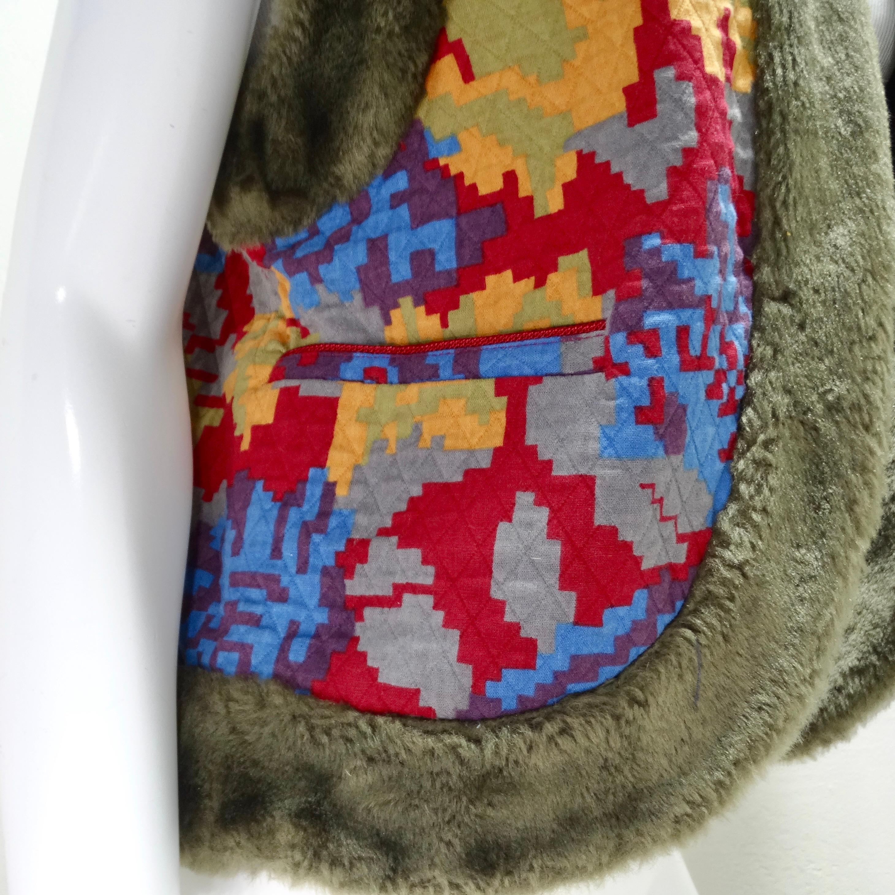 Introducing the Bis Bis Vintage Faux Fur Lined Quilted Rosette Vest, a bold and playful statement piece that exudes vintage charm. Crafted in the 1980s, this eye-catching vest features a quilted cotton multicolor rosette print that adds a whimsical