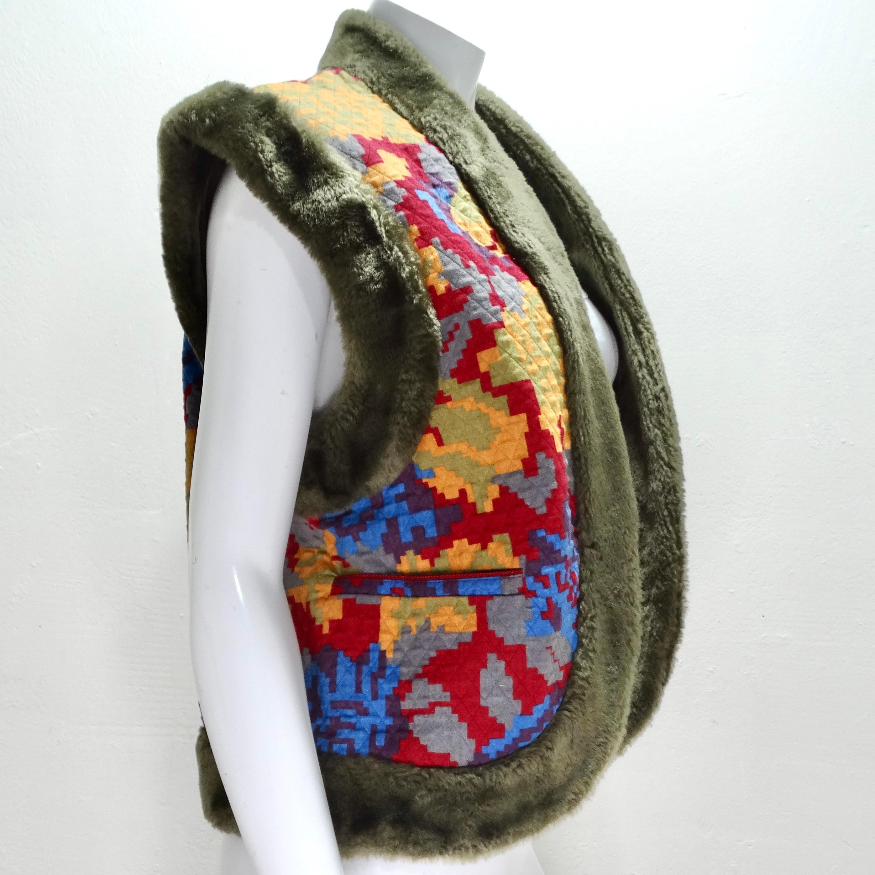 Bis Bis Vintage Faux Fur Lined Quilted Rosette Vest In Good Condition For Sale In Scottsdale, AZ