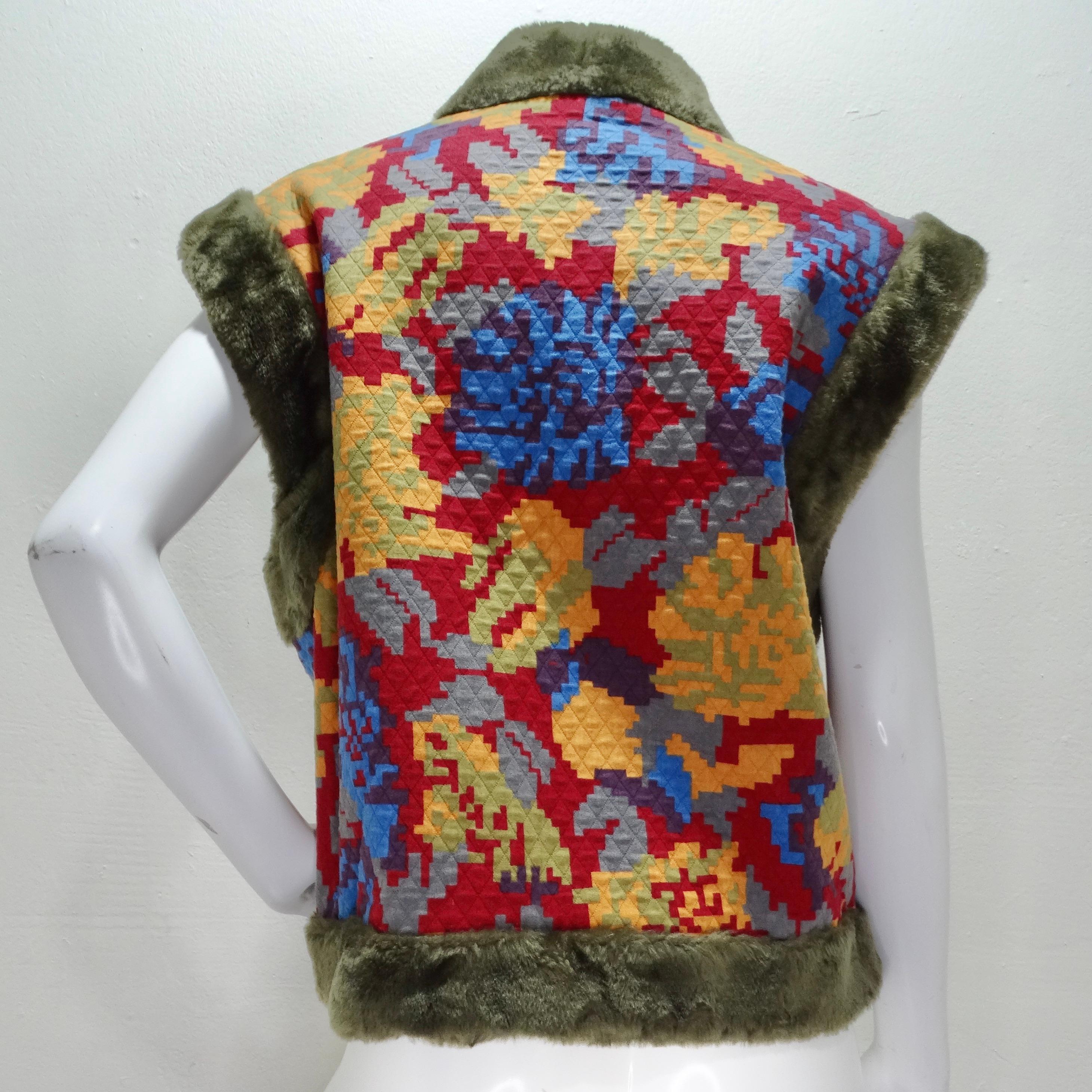 Women's or Men's Bis Bis Vintage Faux Fur Lined Quilted Rosette Vest For Sale