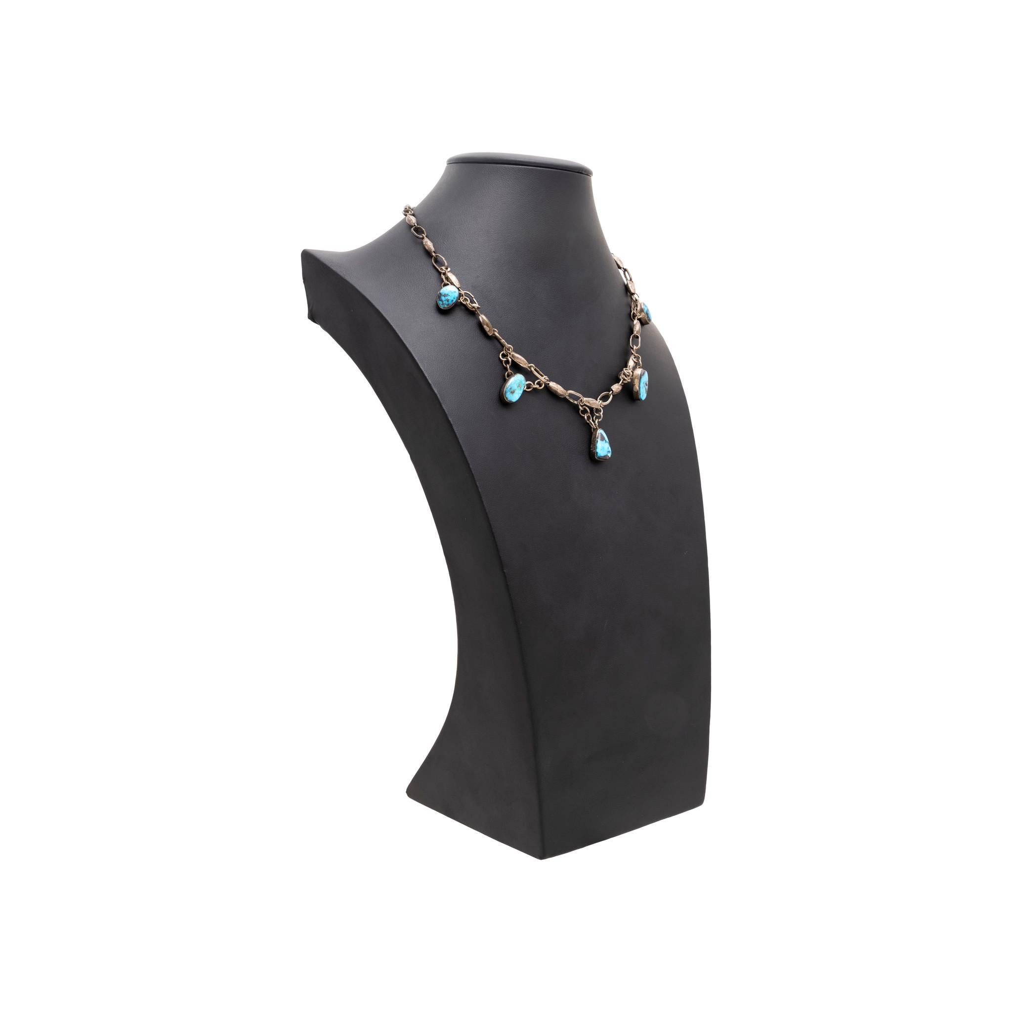 Old Mine Cut Bisbee Turquoise and Sterling Silver Necklace For Sale
