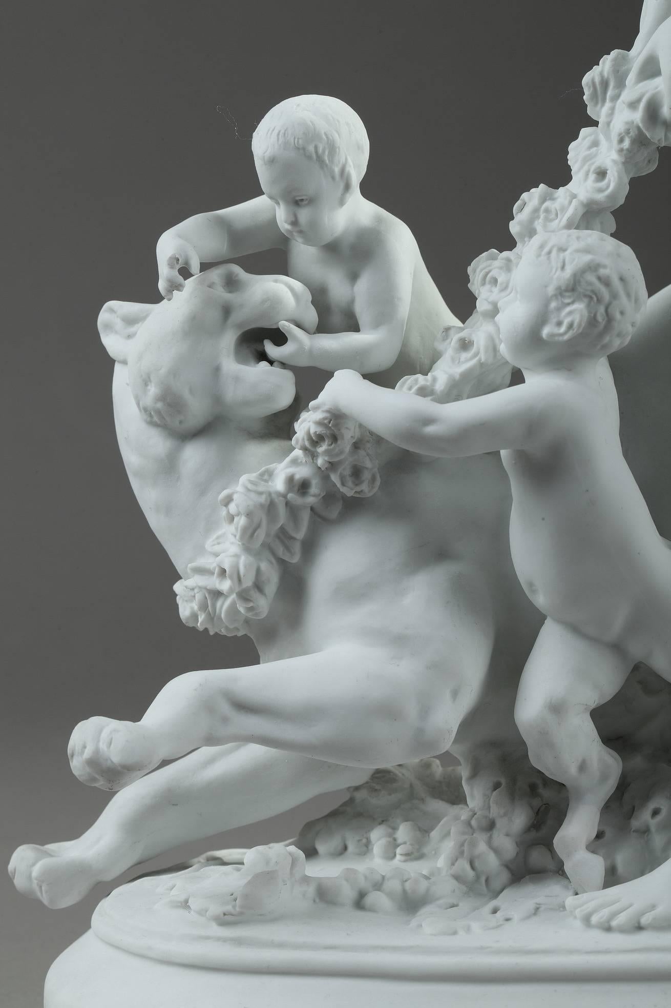 19th century mythological group in porcelain biscuit featuring Diana holding a lioness, after the French sculptor Albert-Ernest Carrier-Belleuse (1824-1887). In Roman mythology, Diana was the goddess of the hunt, the moon and nature being associated
