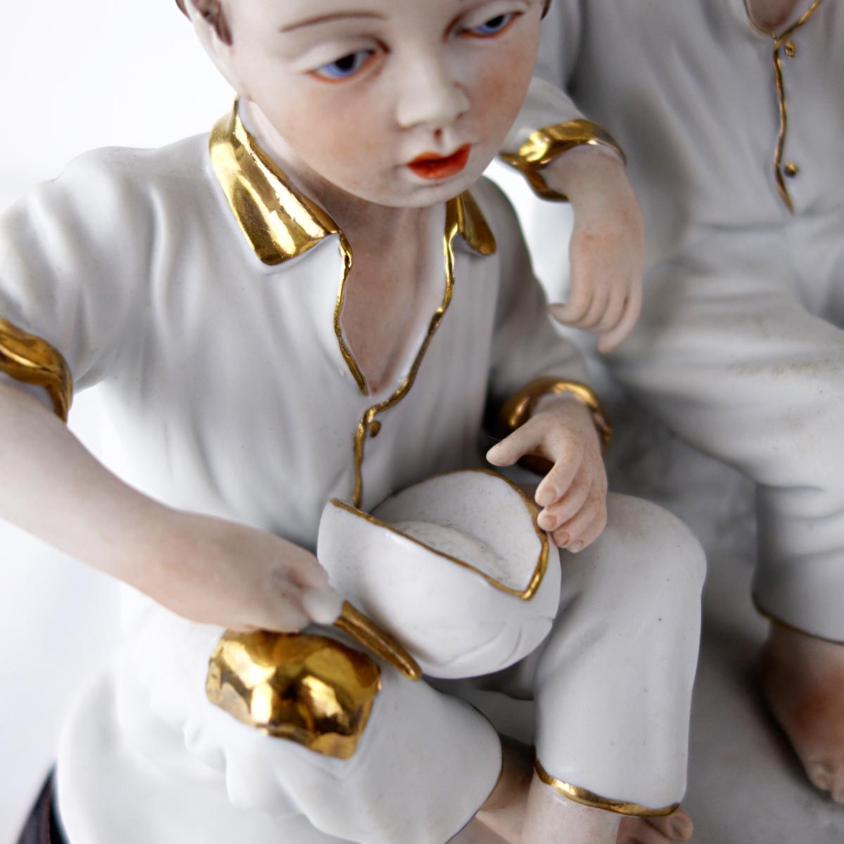 Biscuit Porcelain Statuette of Two Boys Eating a Melon with Gold-Colored Details For Sale 5