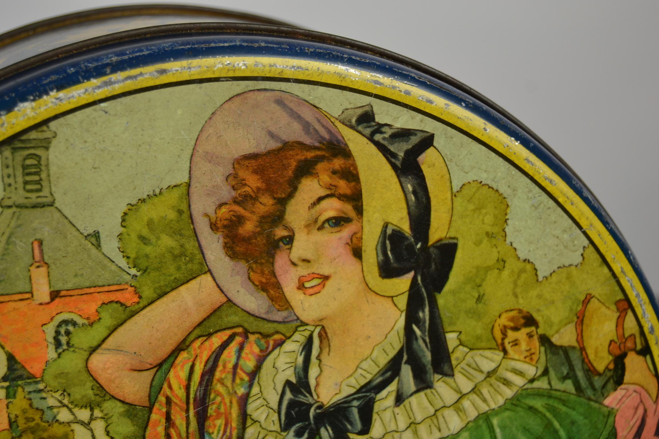 20th Century Biscuit Tin Box with Lady and Greyhound Dod, Art Deco Period