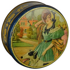 Antique Biscuit Tin Box with Lady and Greyhound Dod, Art Deco Period