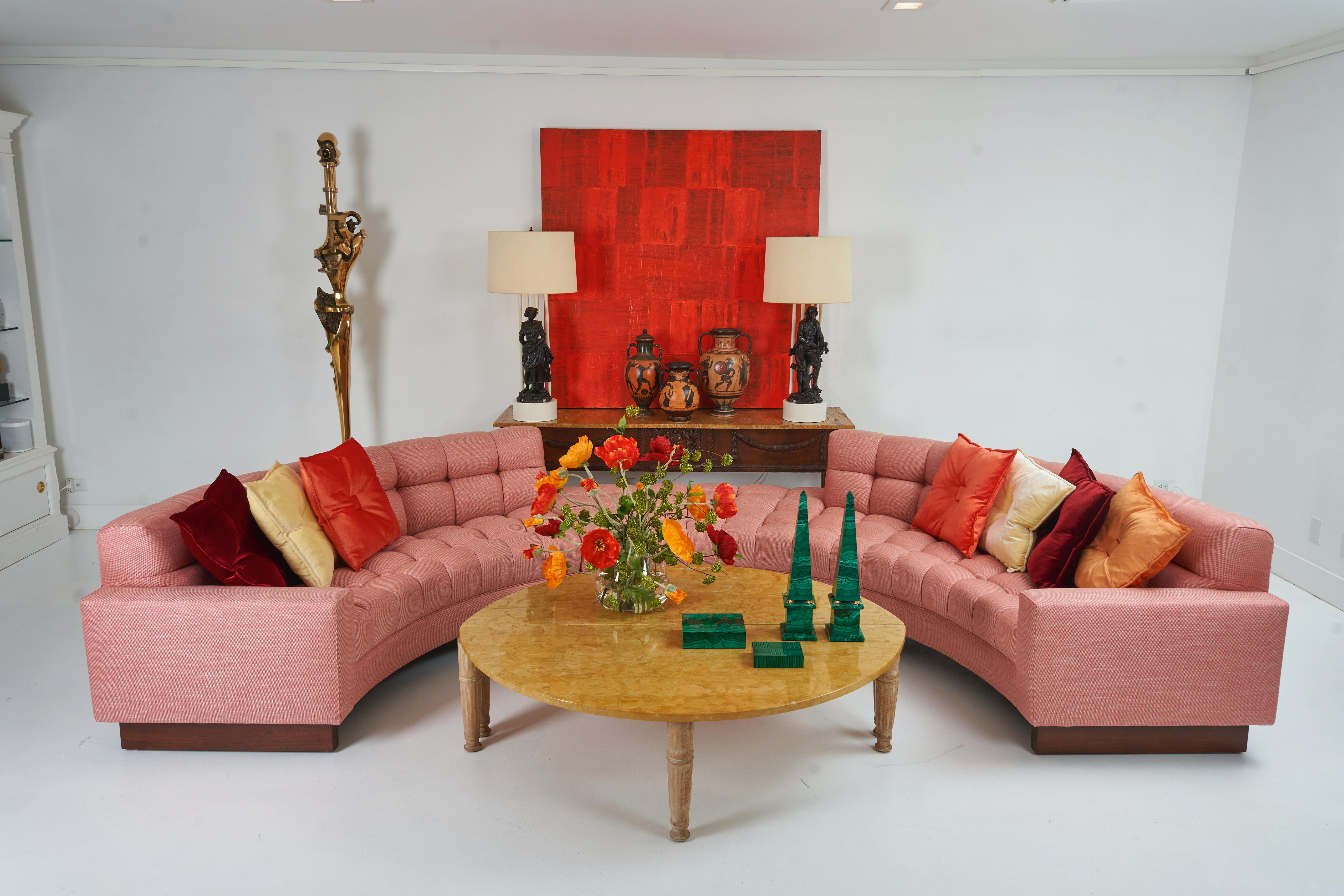 Biscuit Tufted, Guava Colored, Curved Three Piece Sectional by William Haines 5