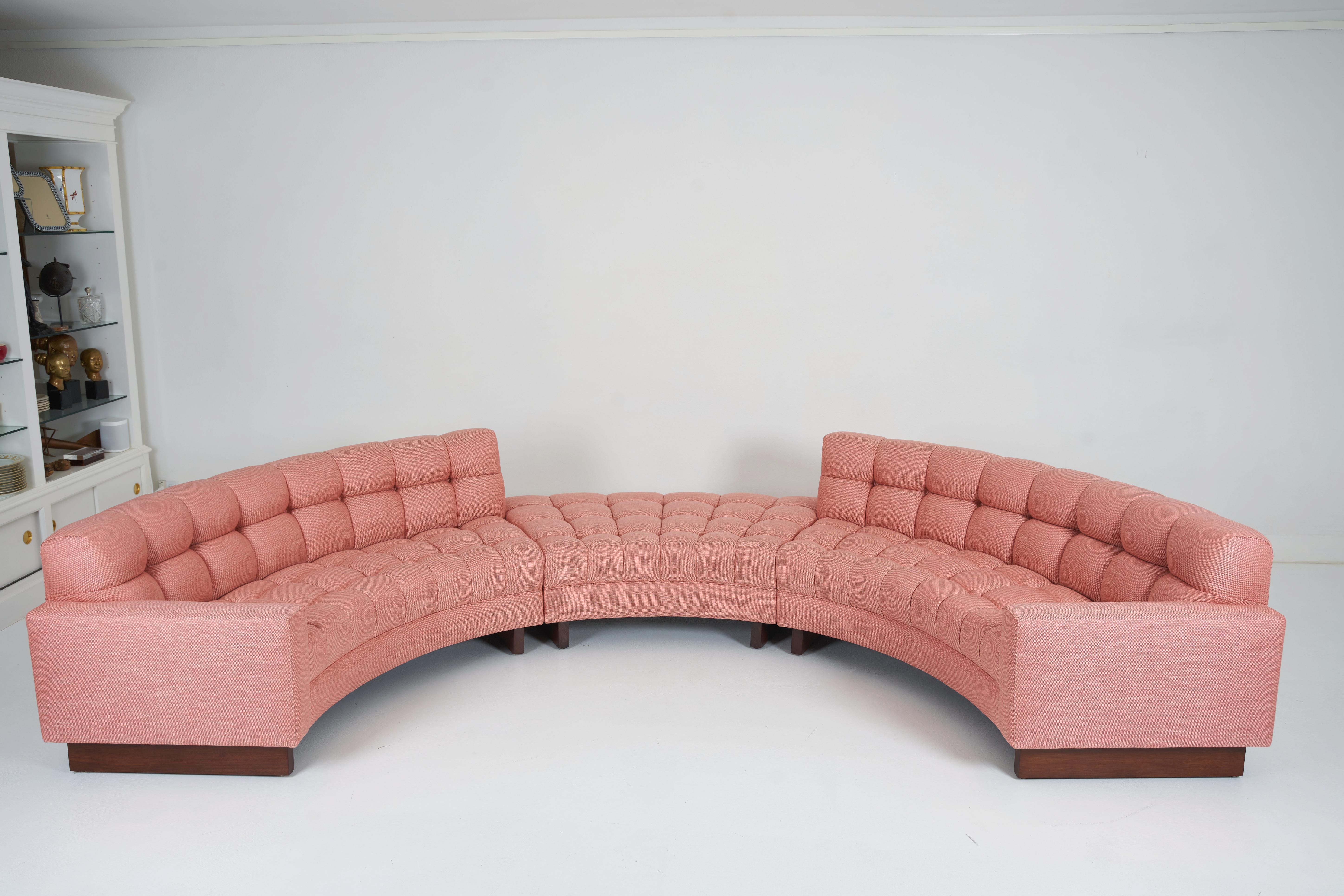 American Biscuit Tufted, Guava Colored, Curved Three Piece Sectional by William Haines
