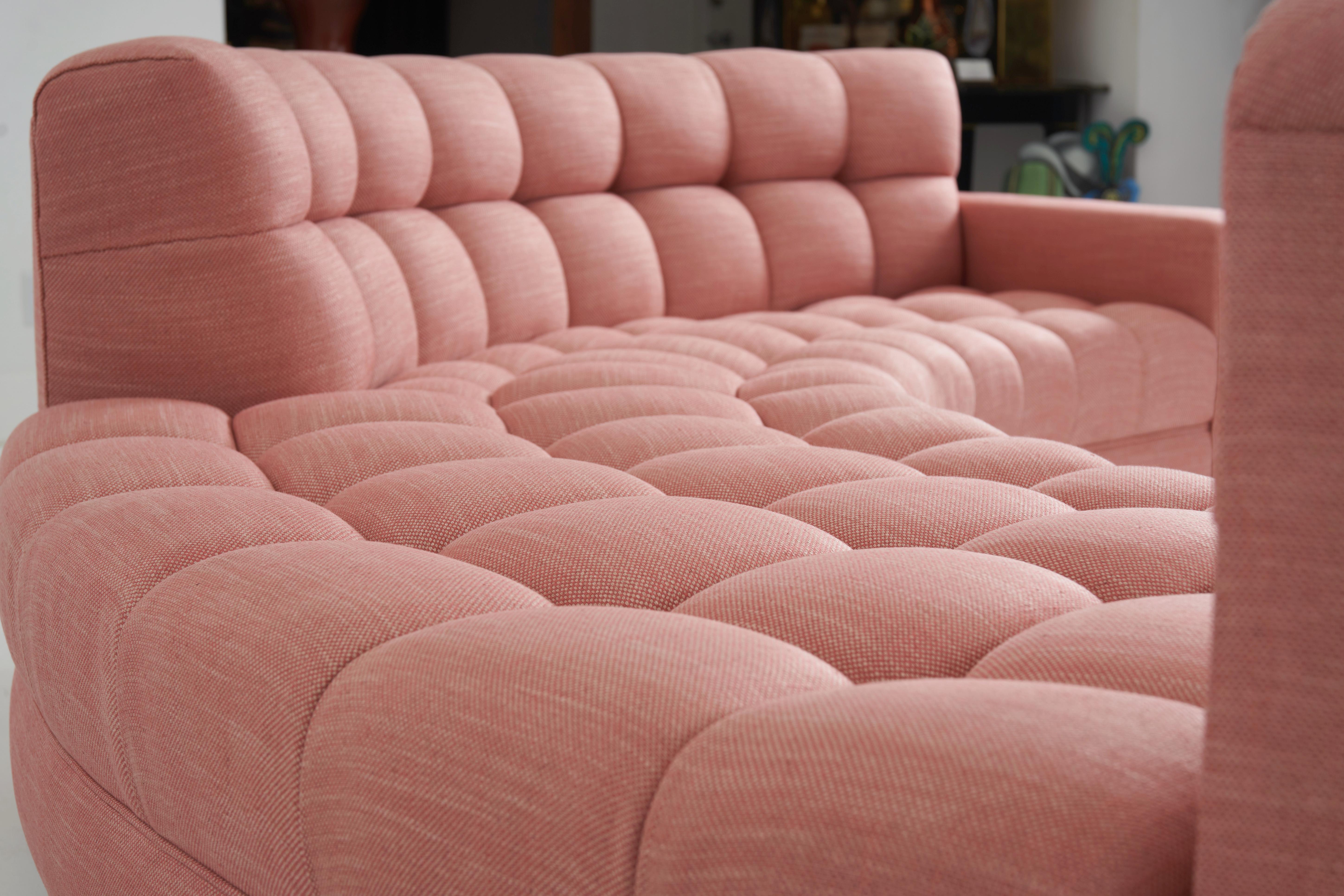 Biscuit Tufted, Guava Colored, Curved Three Piece Sectional by William Haines 1