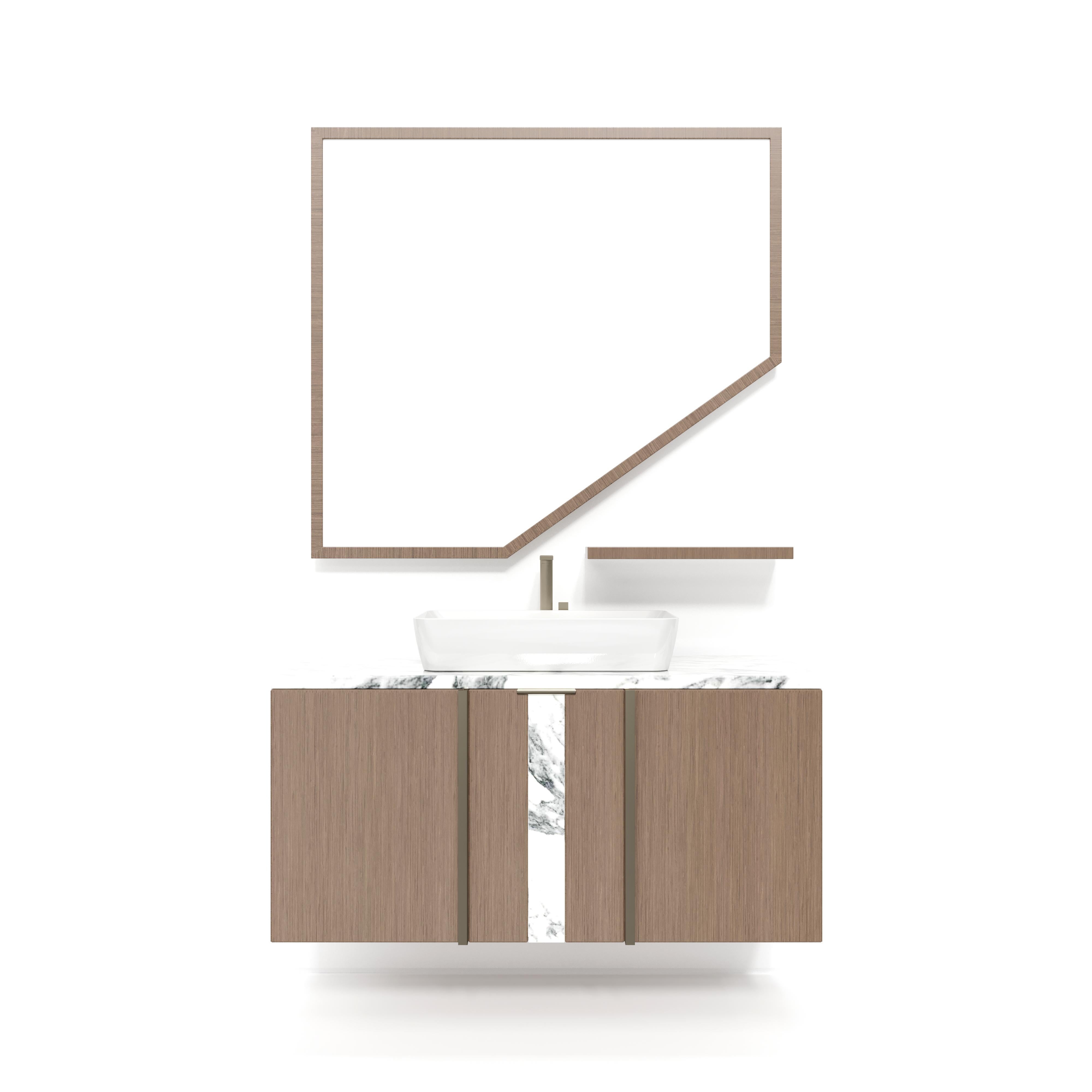 Bishop SW 100 Kabinett von Estro Collezioni
Abmessungen:  B 100 x T 52 x H 57 cm
Spiegel Bishop: B 100 x T 3 x H 110 cm 
MATERIALIEN: Holz, Marmor, Metall. 

Das Modell Bishop SW besteht aus einer Massivholzstruktur mit einer Marmorplatte. Die