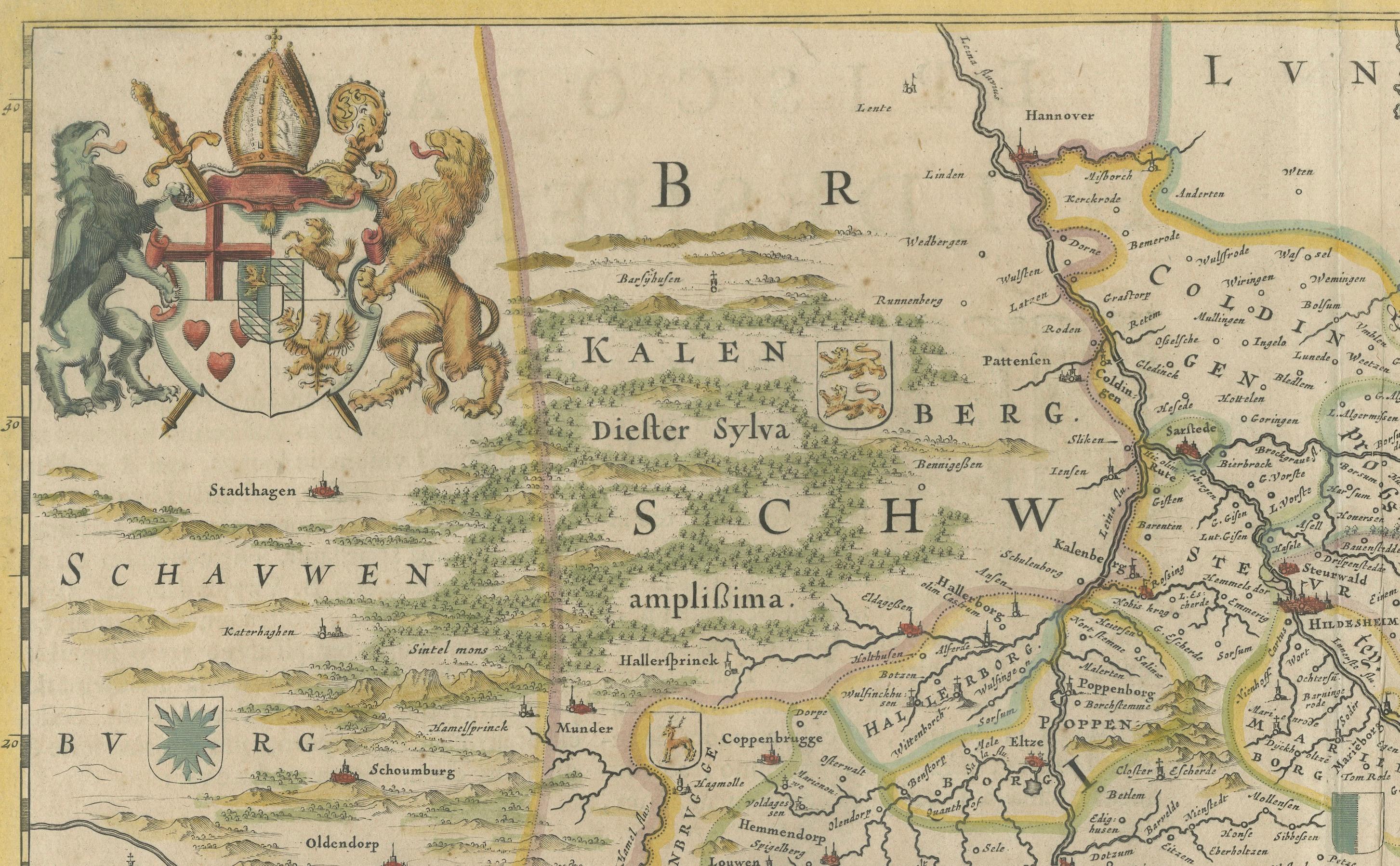 Gravé Carte évêque de Hildesheim dans le nord de l'Allemagne par Willem et Joan Blaeu, 1645 en vente