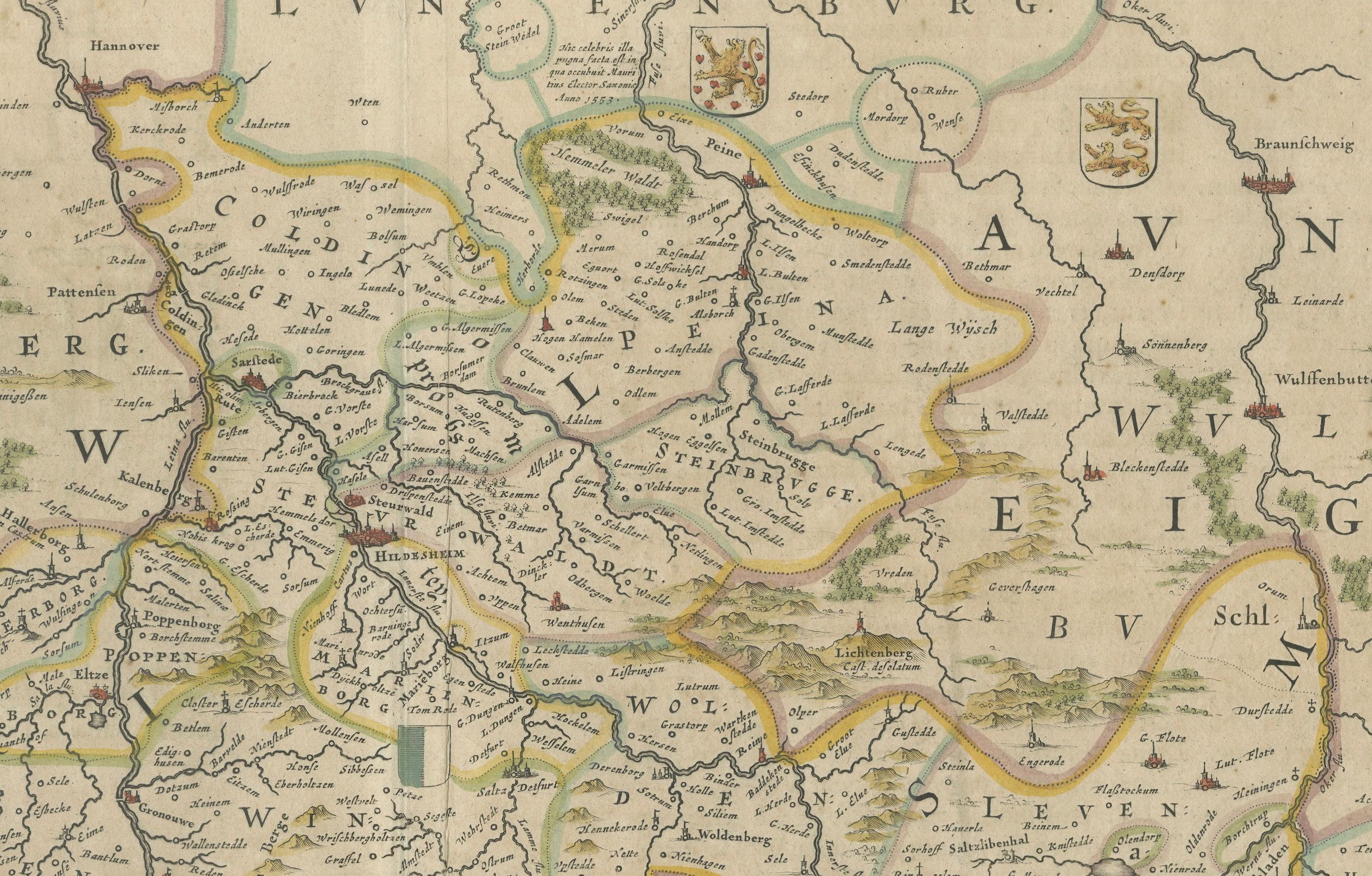 Carte évêque de Hildesheim dans le nord de l'Allemagne par Willem et Joan Blaeu, 1645 Bon état - En vente à Langweer, NL