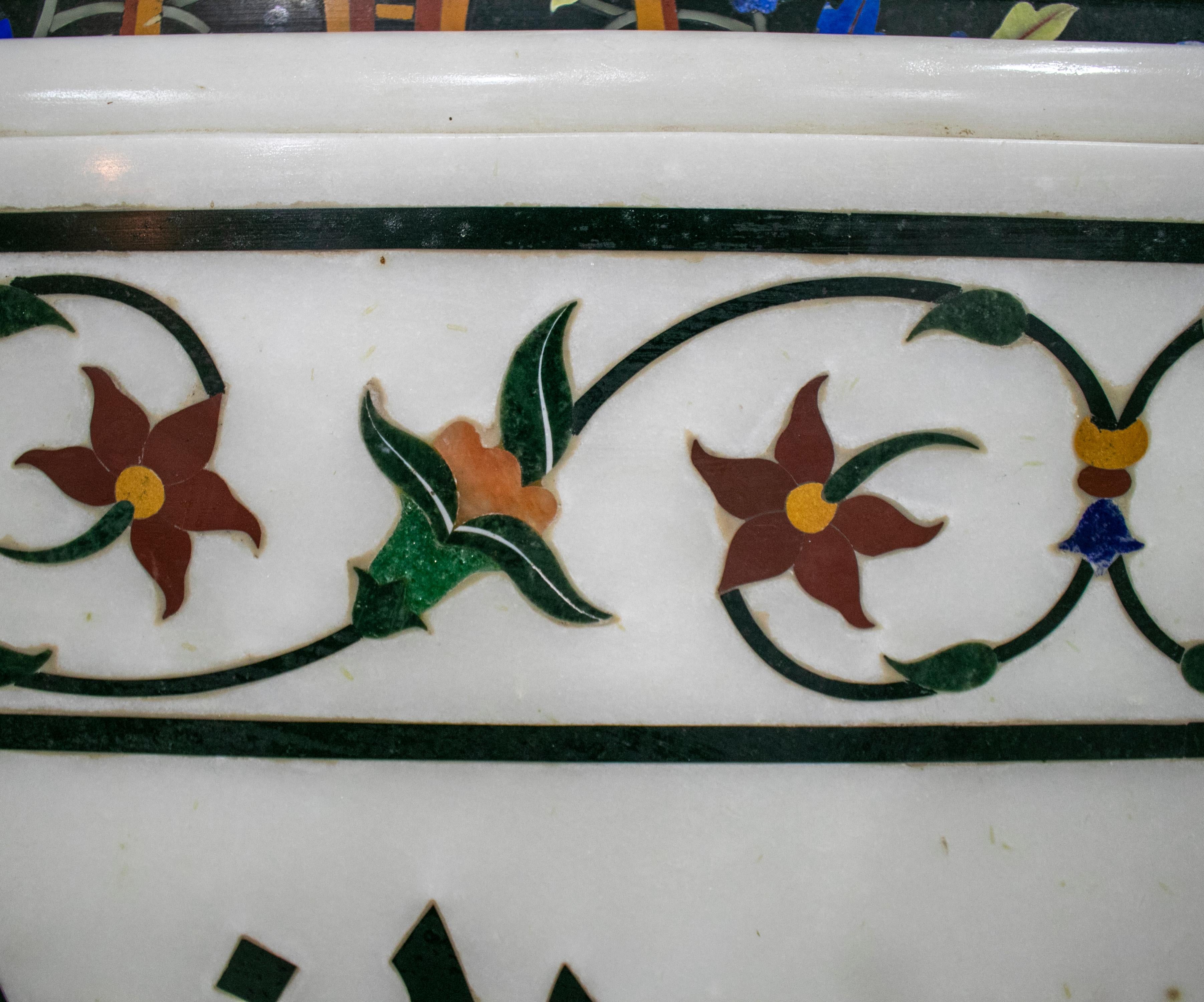 20th Century Bismillah Square Pietra Dura Stone Mosaic Inlay White Marble Table Top For Sale