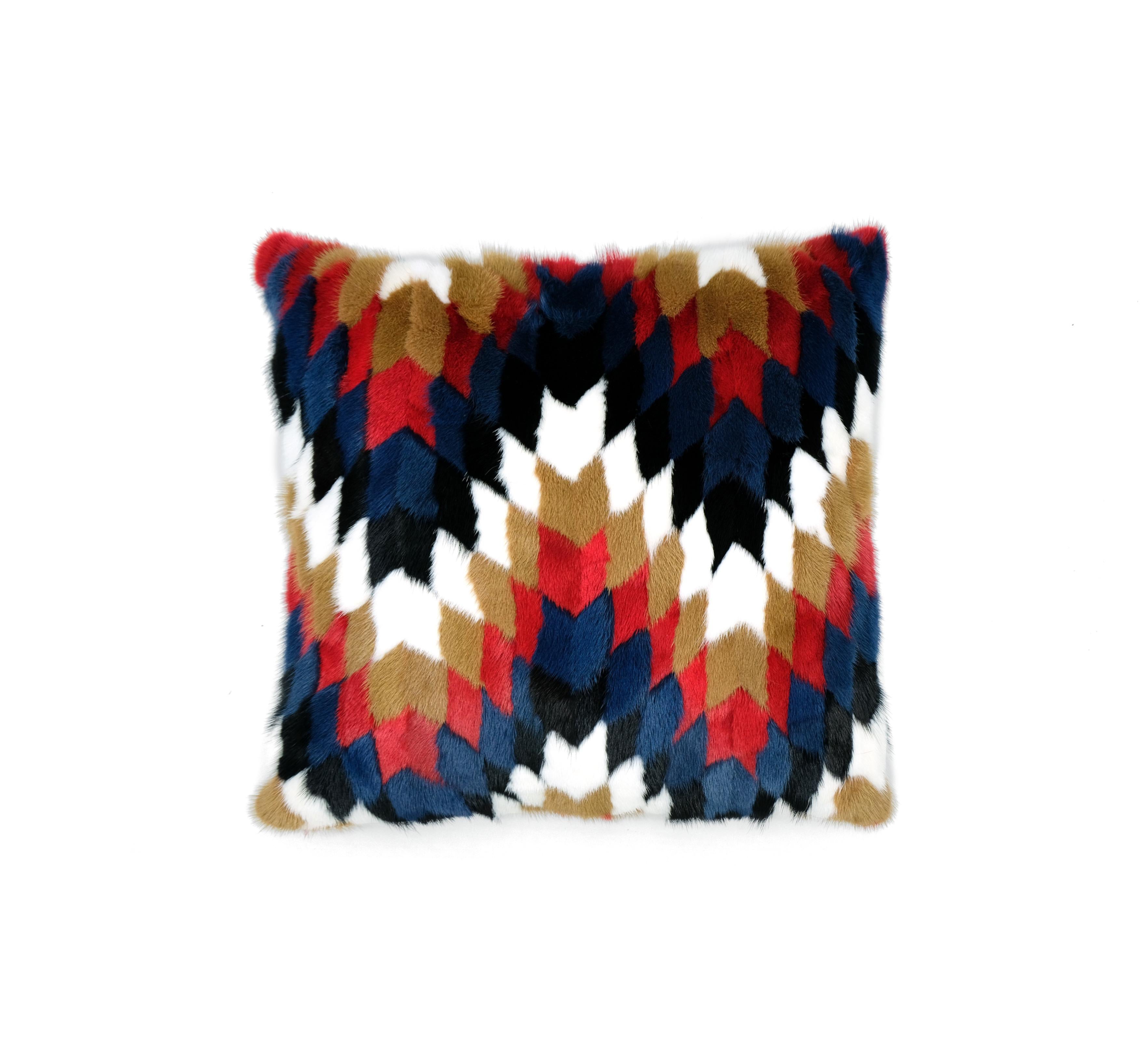 Modern Mink Multicolor Patchwork Cushion with Cotton / Down Feather Insert For Sale