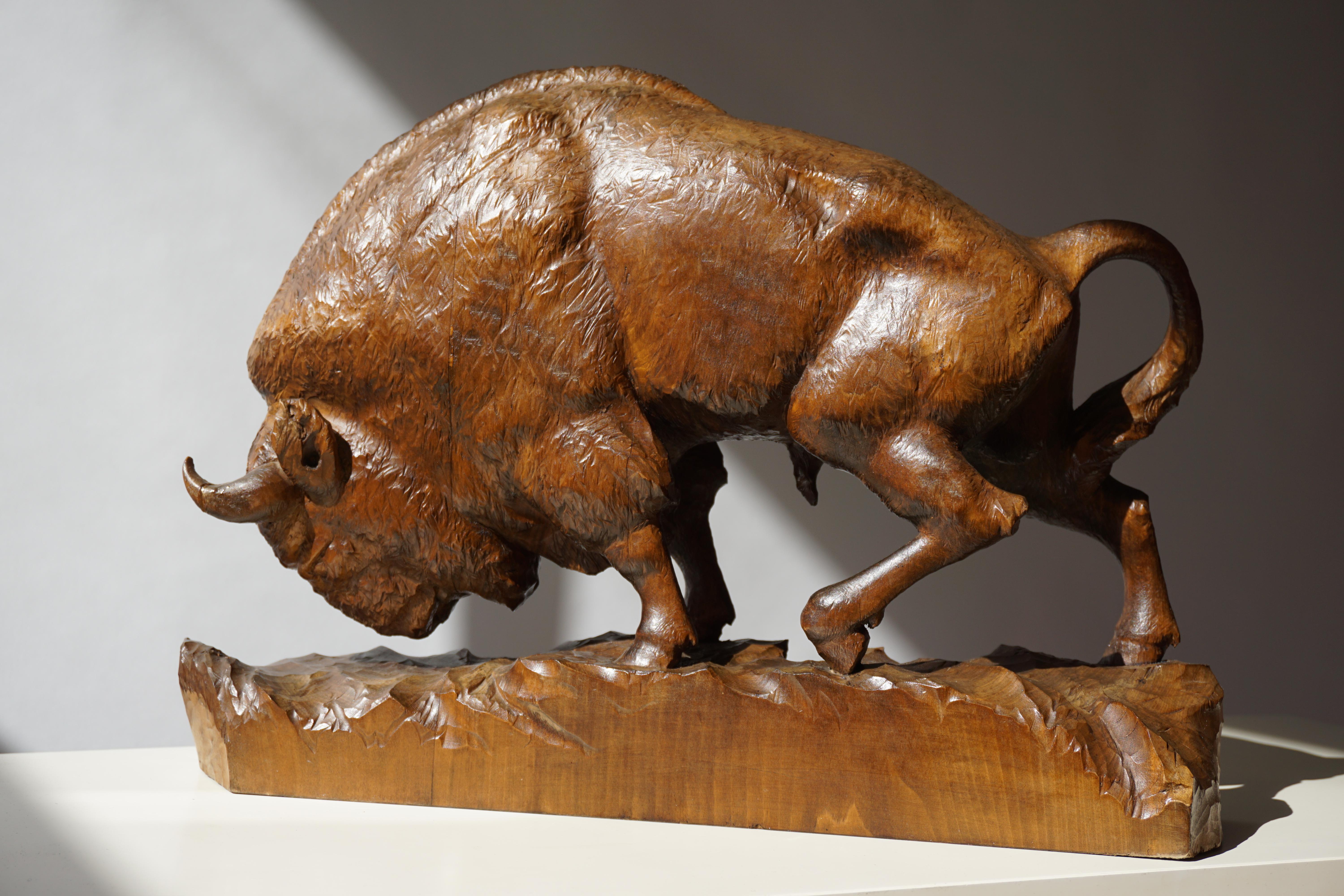20th Century Bison Sculpture in Wood