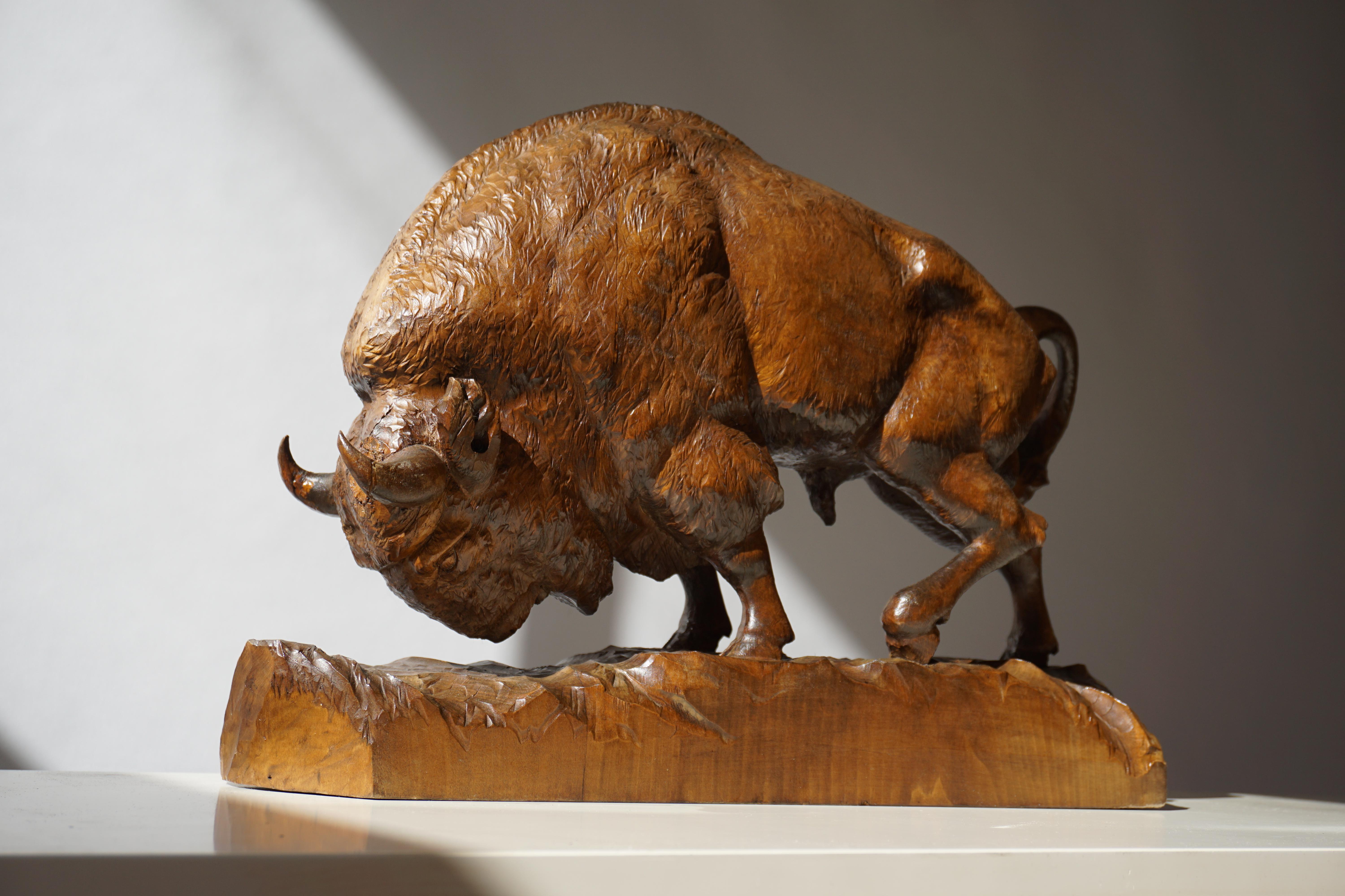 Bison sculpture in wood.
Measures: Height 35 cm, width 50cm, depth 12 cm.
 