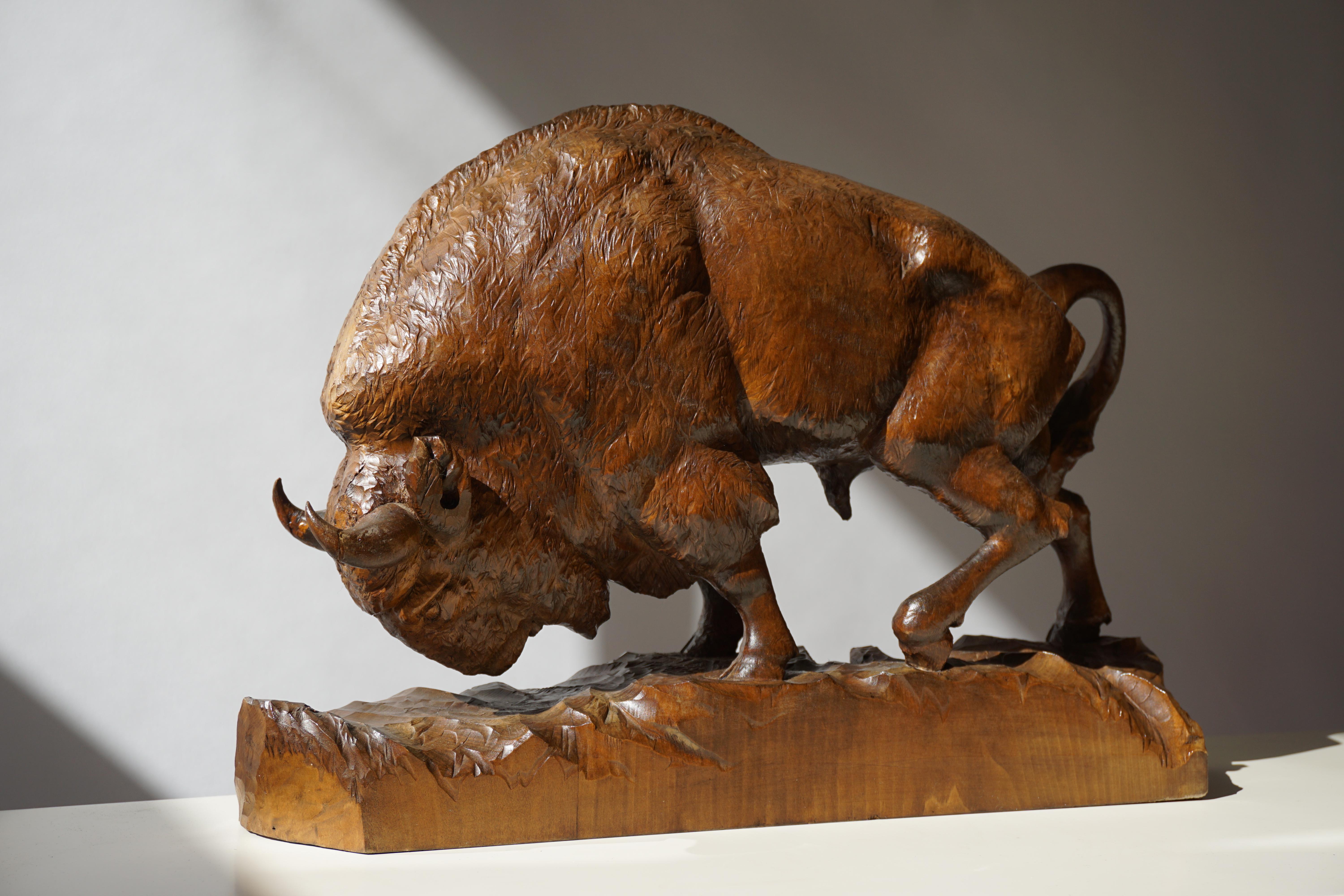 Carved Bison Sculpture in Wood