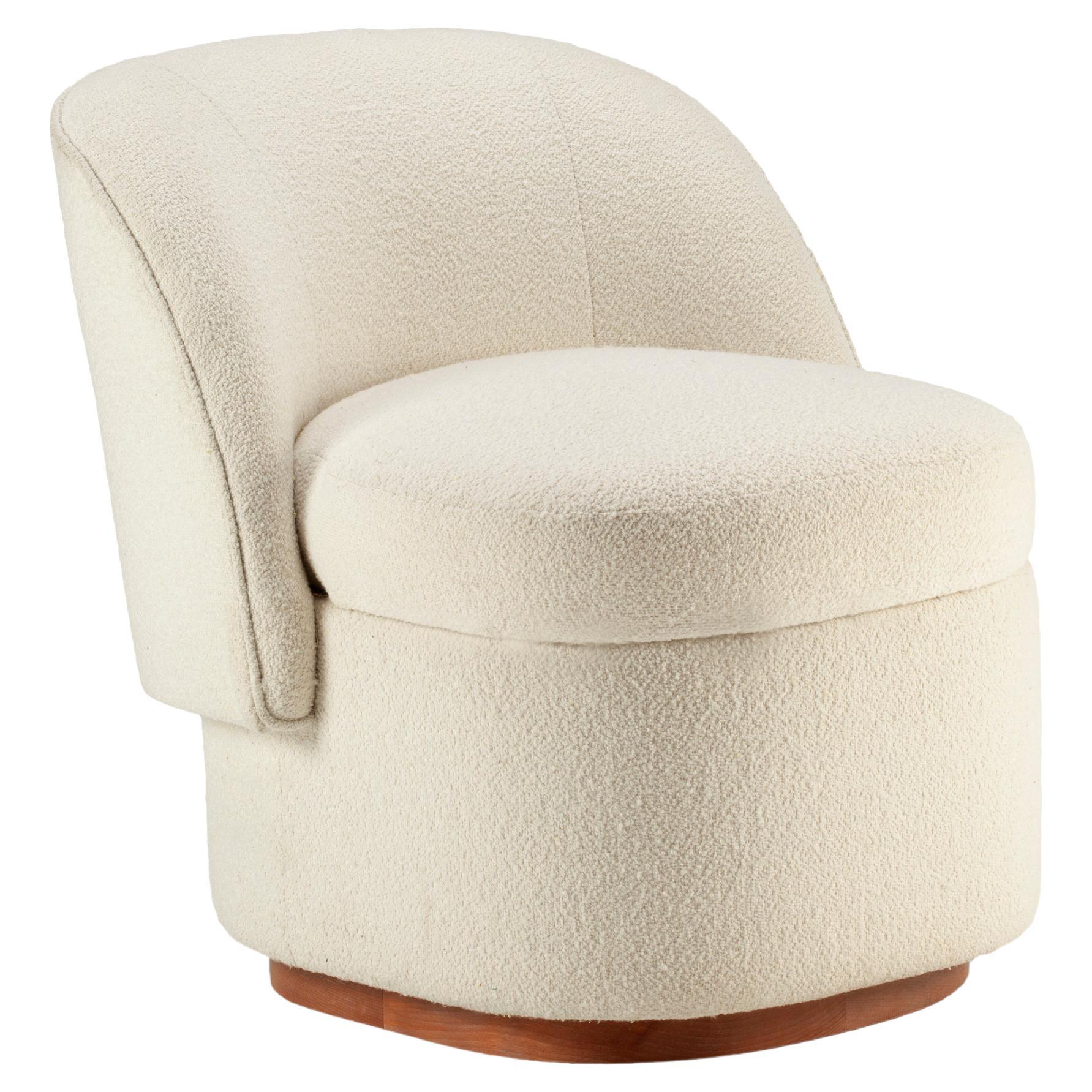 Mid Century Modern Bisou Armchair with Bouclé Off-White Upholstery, Wood base For Sale