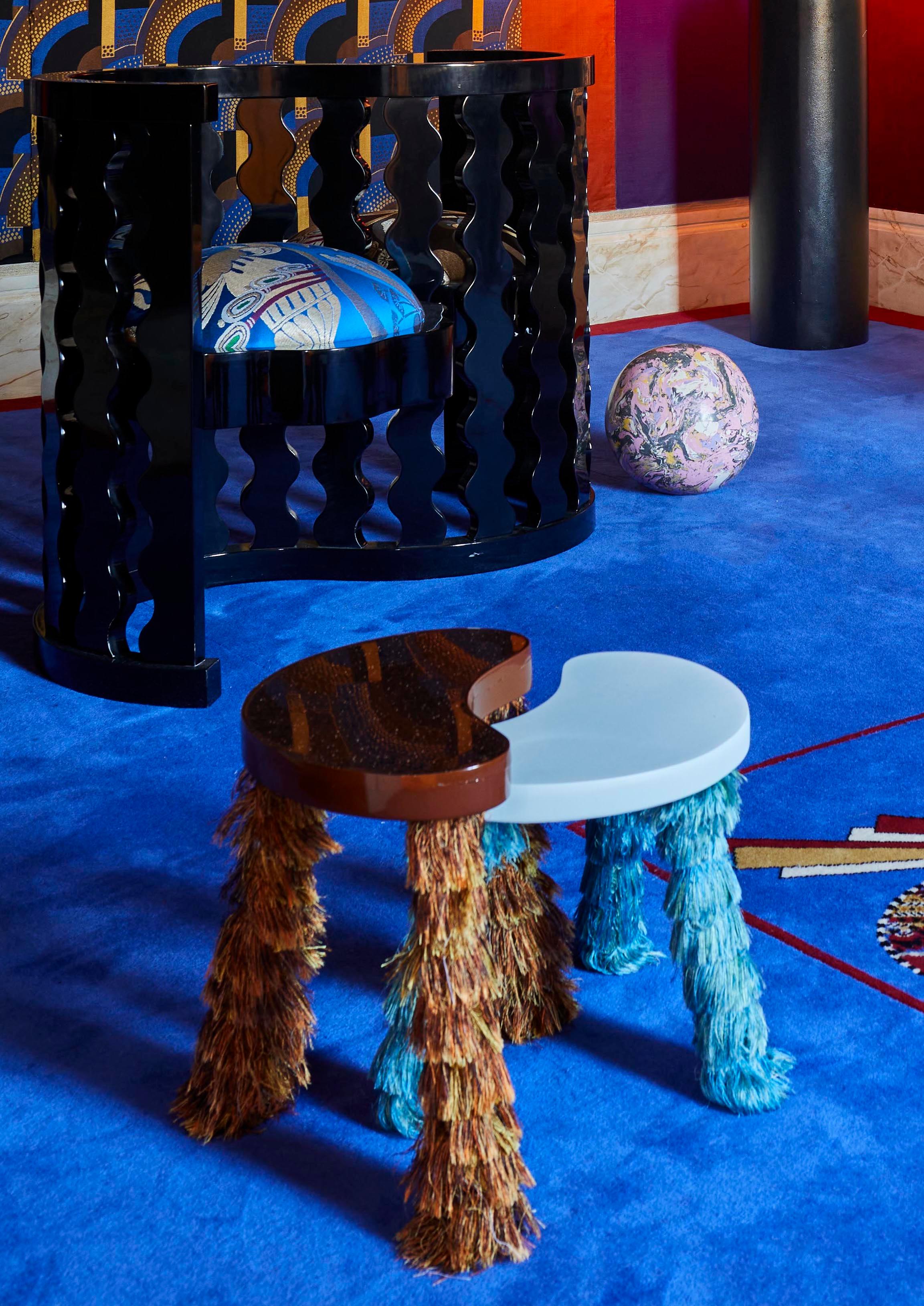 The Bisou stool, the result of a collaboration between Uchronia and the silk Manufacture Prelle to mark the 
