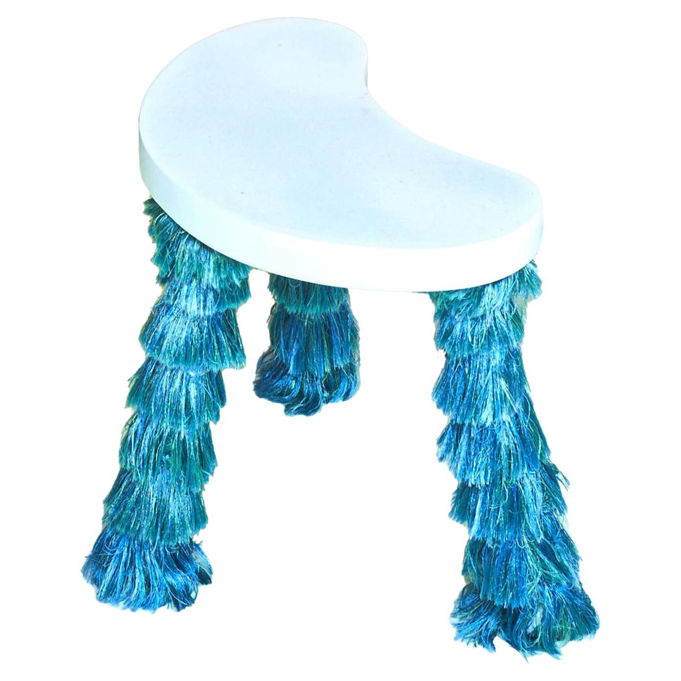 "Bisou" stool, matte blue resin and selvedges Manufacture Prelle