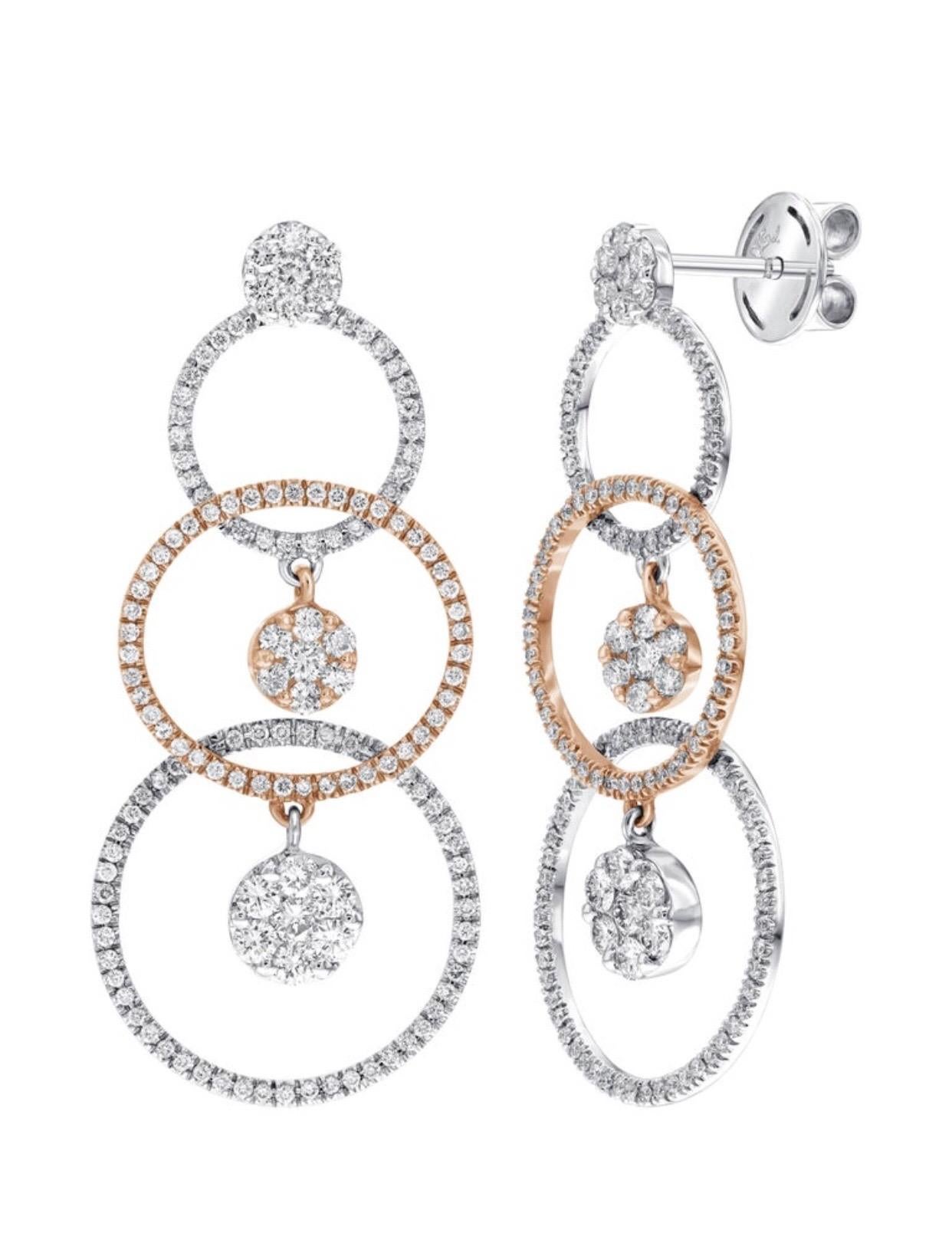 Modern Bispoke 1.65 Carat Diamond Hoop Cluster 18 Karat Rose White Gold Drop Earrings For Sale