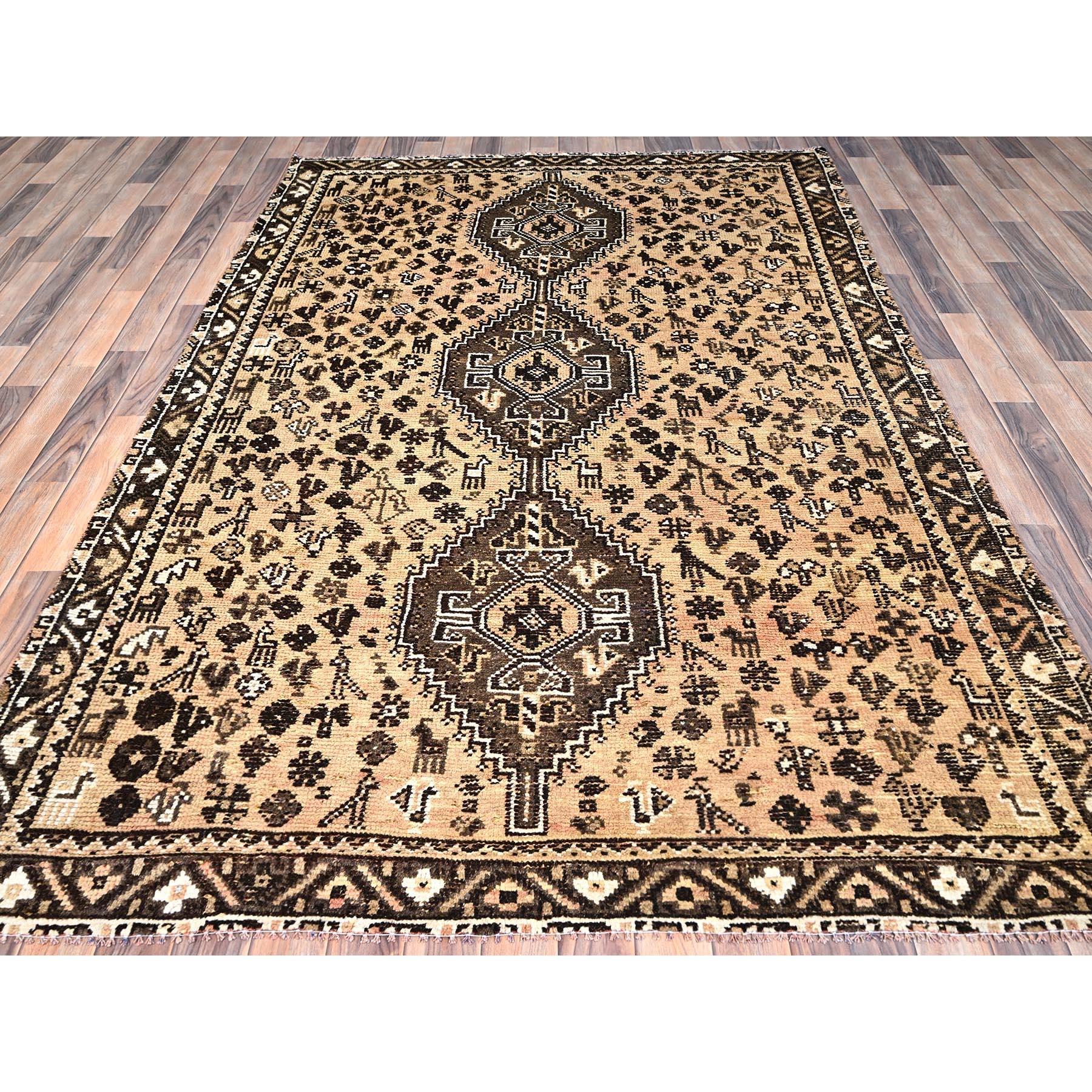 Medieval Bisque Brown Hand Knotted Old Persian Shiraz Wool Cropped Thin Clean Look Rug For Sale