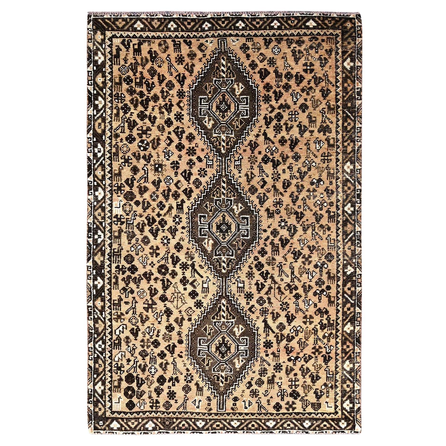 Bisque Brown Hand Knotted Old Persian Shiraz Wool Cropped Thin Clean Look Rug For Sale