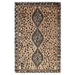 Bisque Brown Hand Knotted Old Persian Shiraz Wool Cropped Thin Clean Look Rug