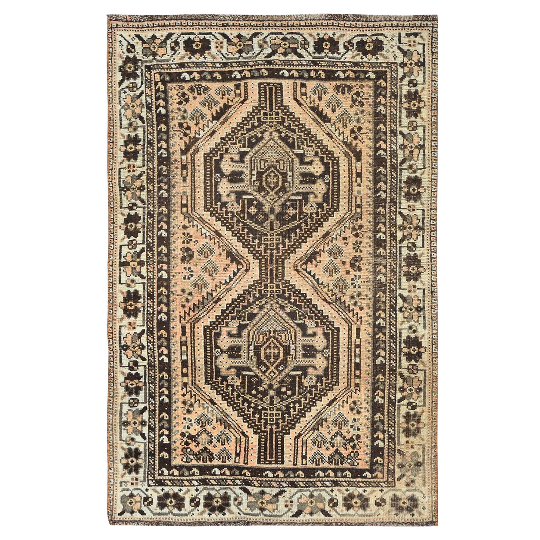 Bisque Brown Vintage Persian Shiraz Worn Down Pure Wool Hand Knotted Rug For Sale