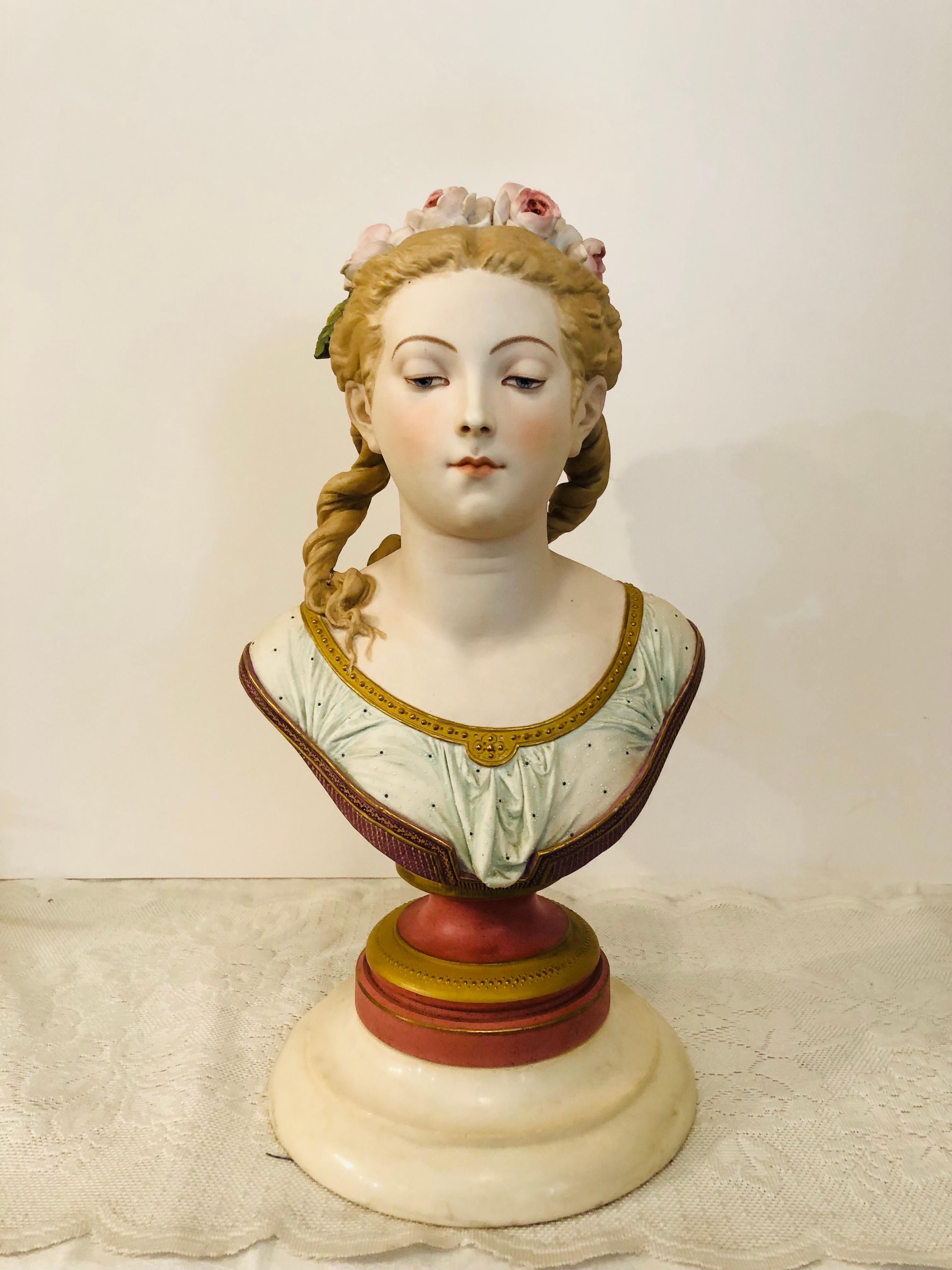 Belle Époque Bisque Bust of Lovely Lady Signed A. Carrier Belleuse on Marble Base Dated 1865
