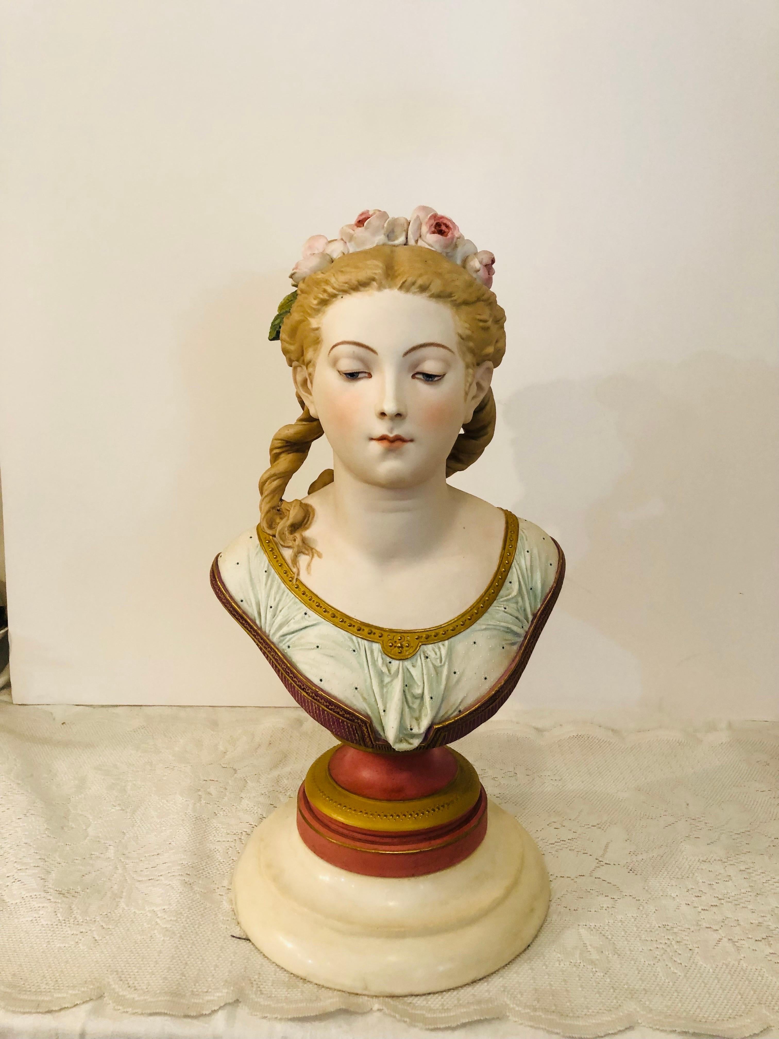 French Bisque Bust of Lovely Lady Signed A. Carrier Belleuse on Marble Base Dated 1865