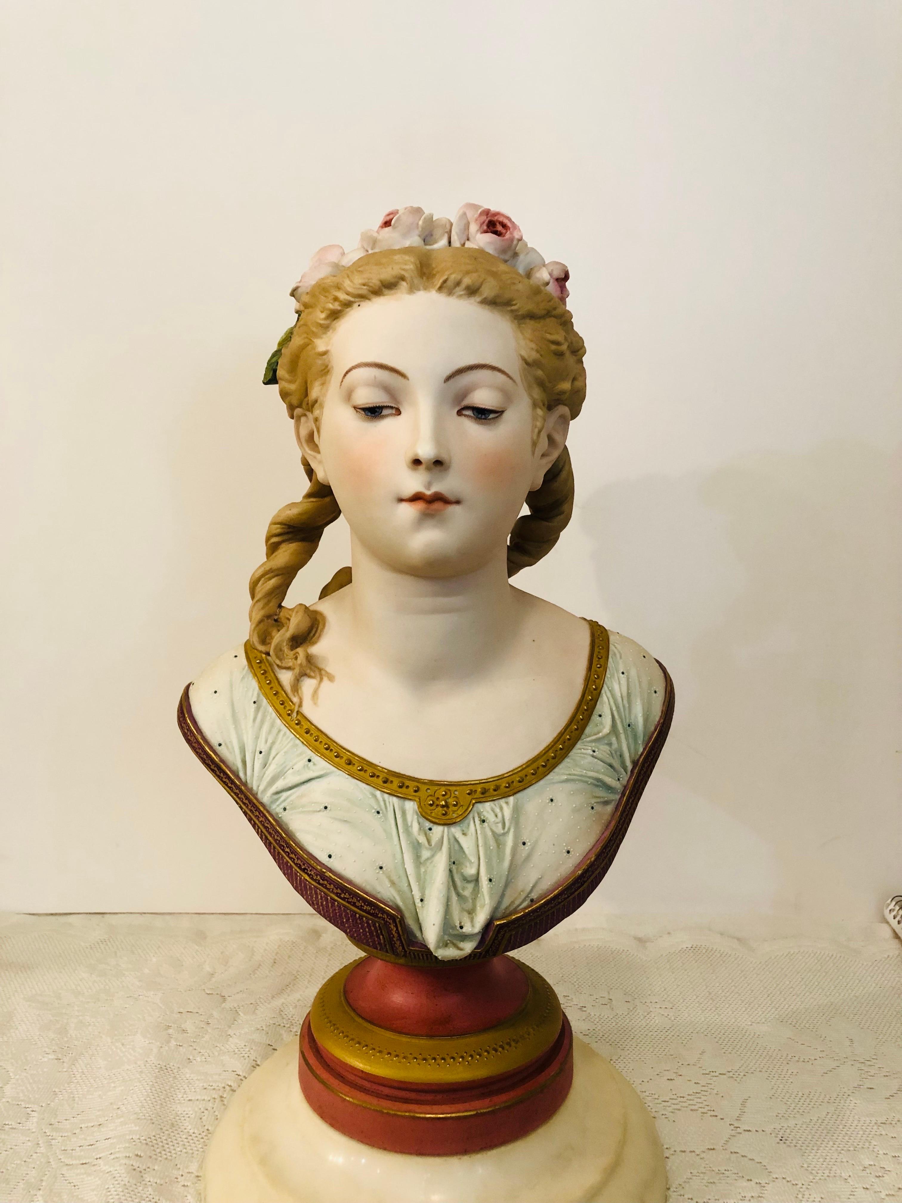 Hand-Painted Bisque Bust of Lovely Lady Signed A. Carrier Belleuse on Marble Base Dated 1865