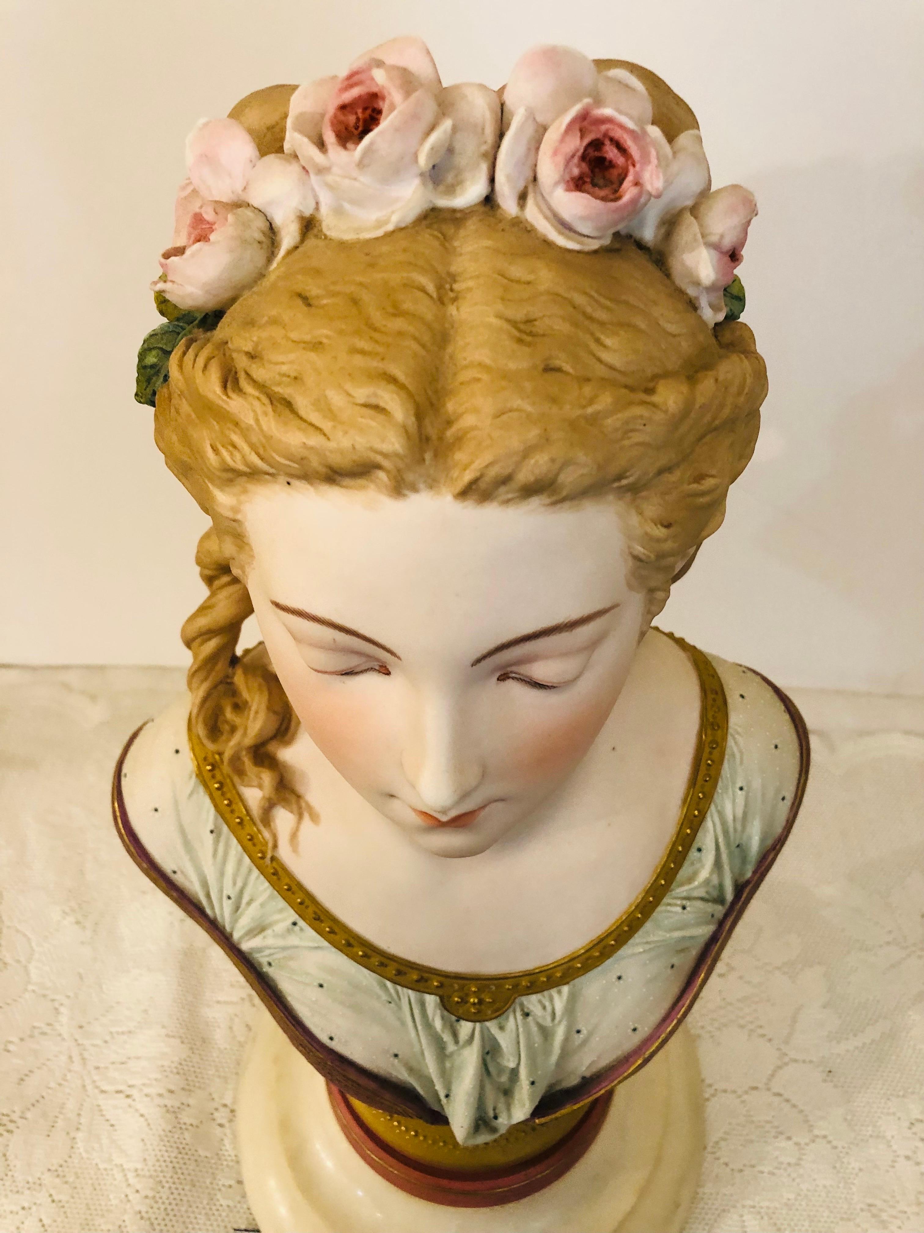 Mid-19th Century Bisque Bust of Lovely Lady Signed A. Carrier Belleuse on Marble Base Dated 1865