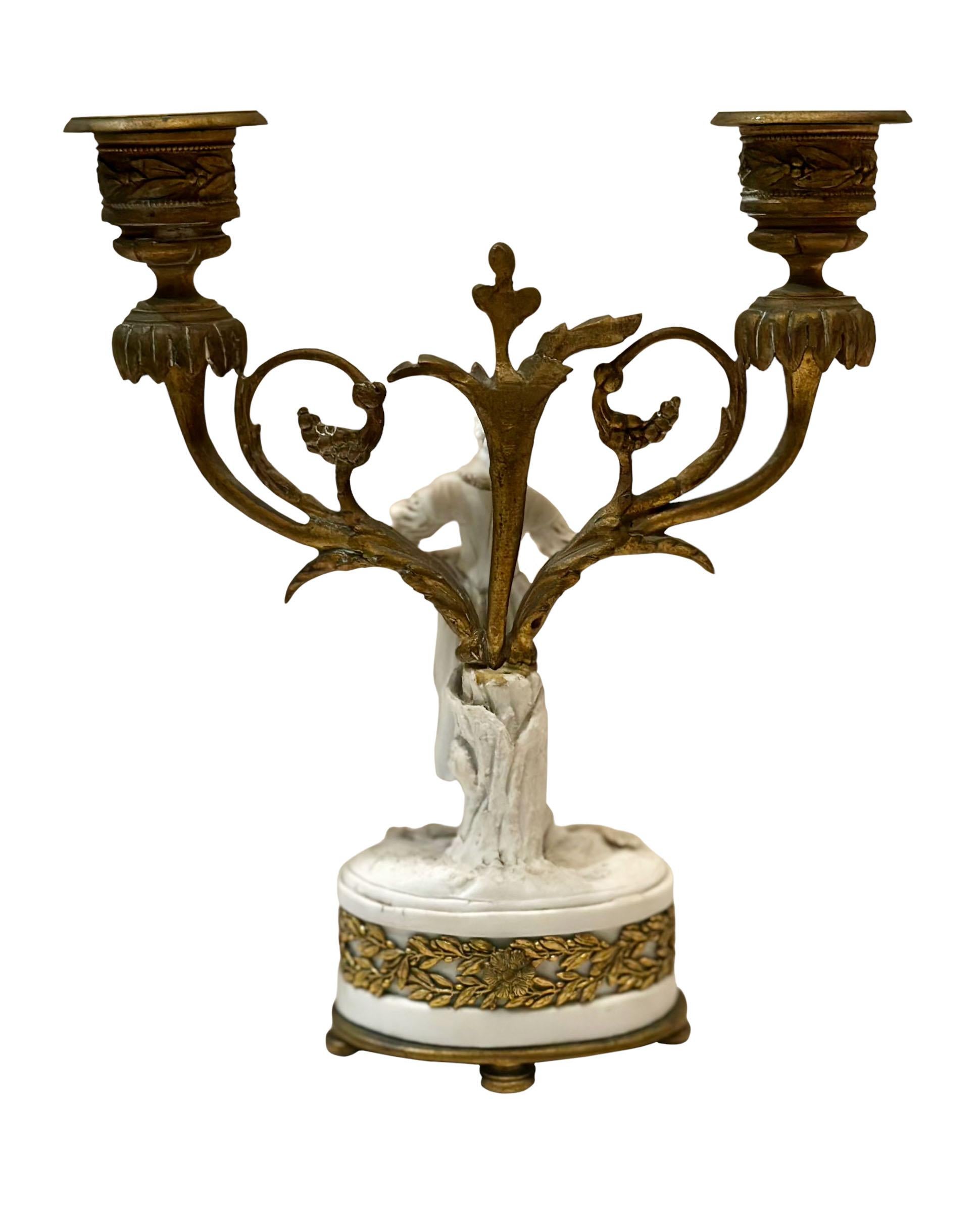Late 19th Century Bisque Figure French Double Arm Candlestick For Sale