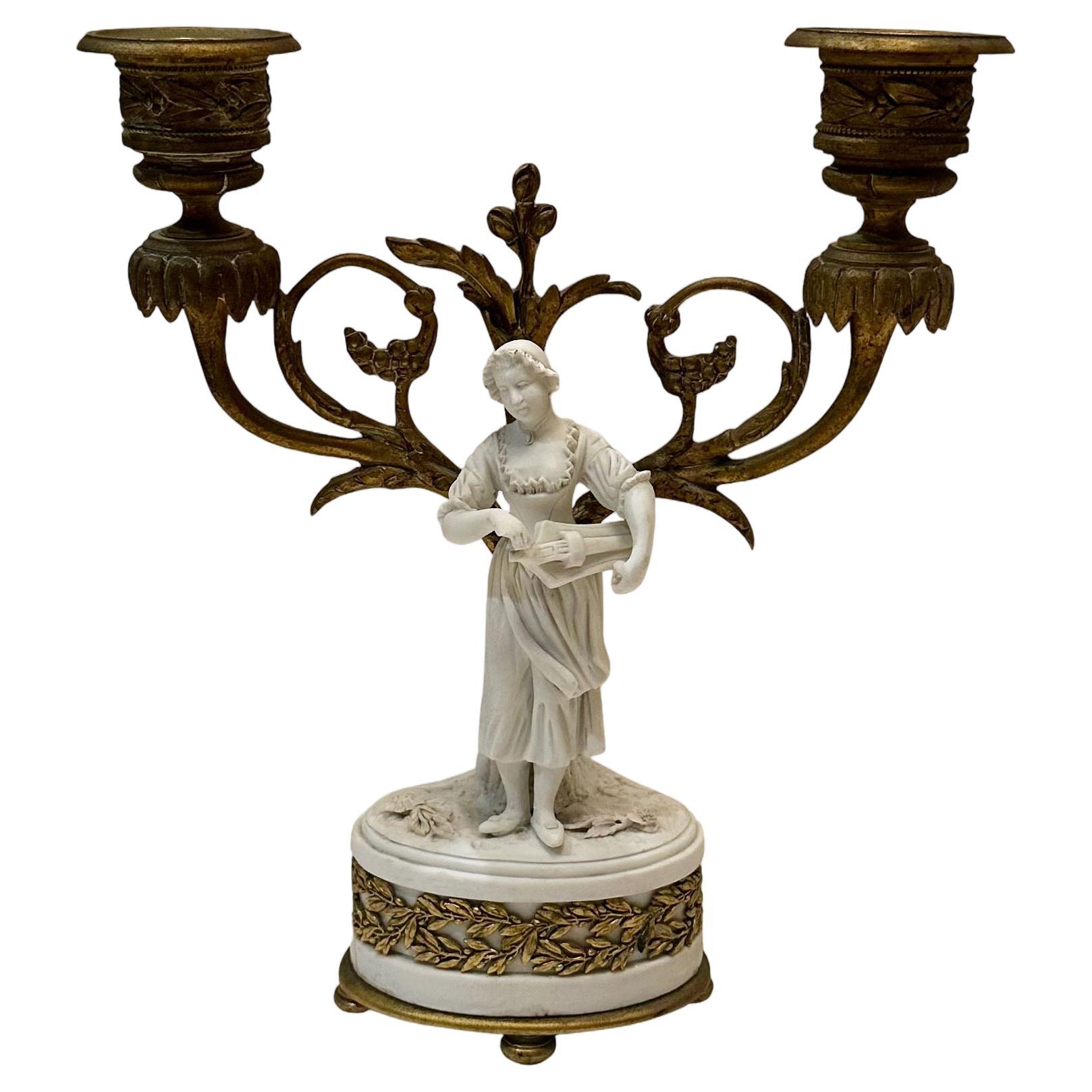 Bisque Figure French Double Arm Candlestick For Sale
