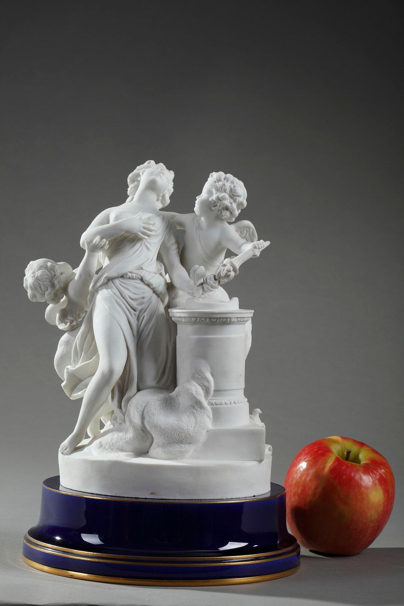 Bisque figurine La Rose enflammée, also known as La Rose perdue, crafted by Sevres Manufactory after Louis-Simon Boizot (1743-1809). This allegorical bisque group was commissioned to Sevres by the Queen Marie-Antoinette in 1781. Original label under
