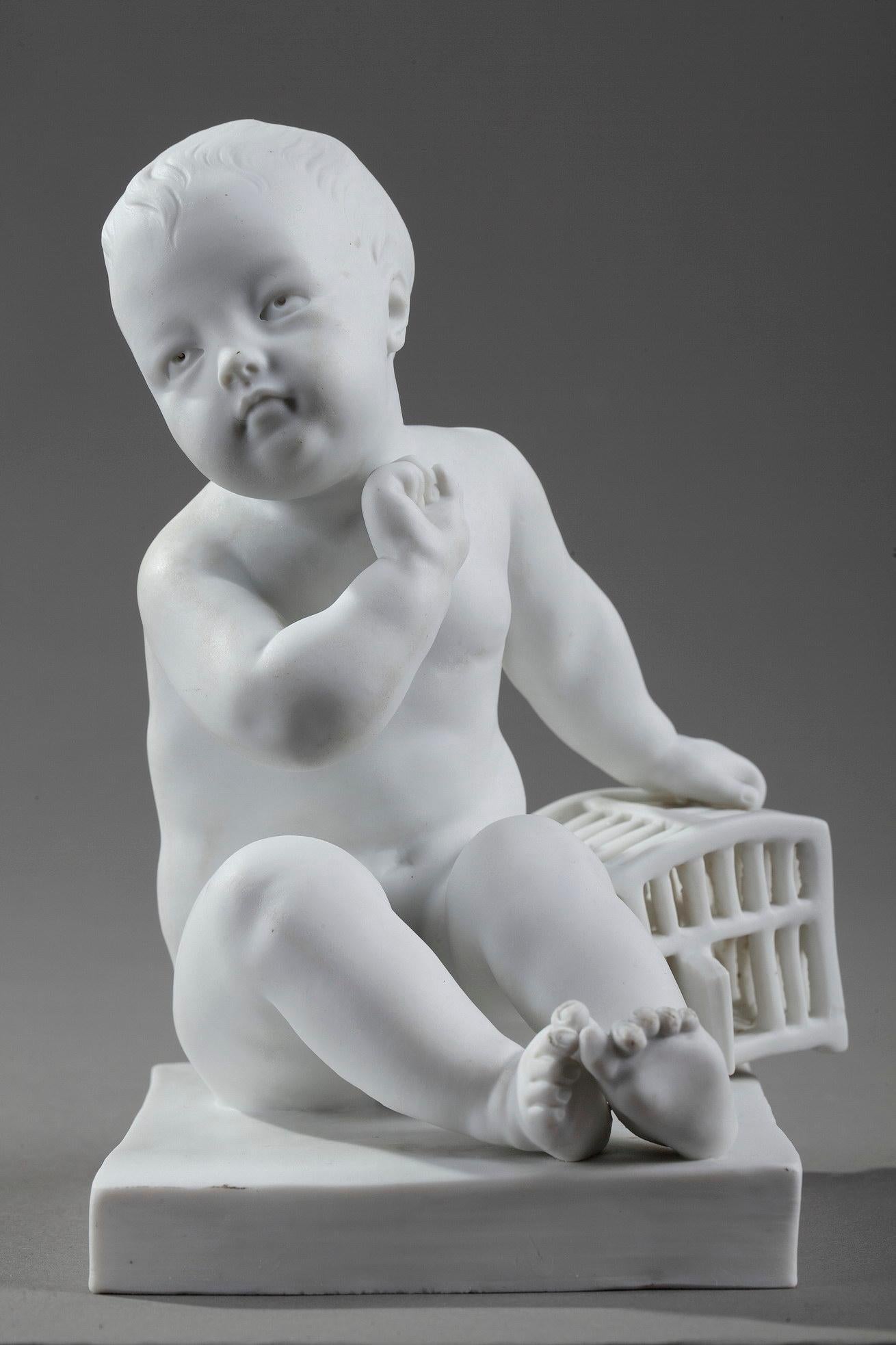 Bisque Figurines Child with Bird Cage and Girl with a Bird after Pigalle 3