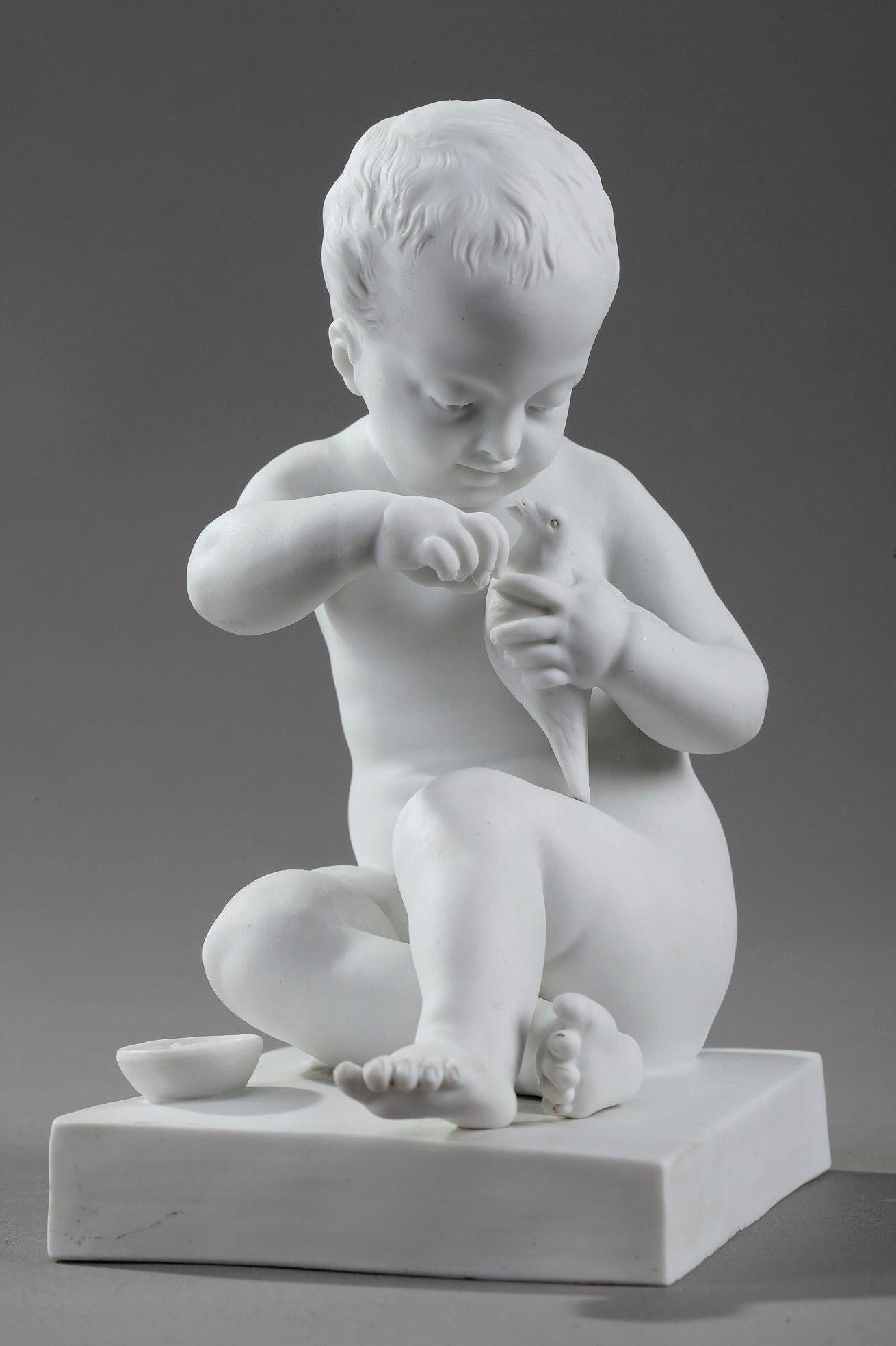Two small bisque figurines child with bird cage and girl with a bird and a shell after a 18th century model by Jean-Baptiste Pigalle (1714-1785). Child with Birdcage original marble (1749) was presented at the Salon of 1750 and is now housed in the