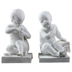 Antique Bisque Figurines Child with Bird Cage and Girl with a Bird after Pigalle