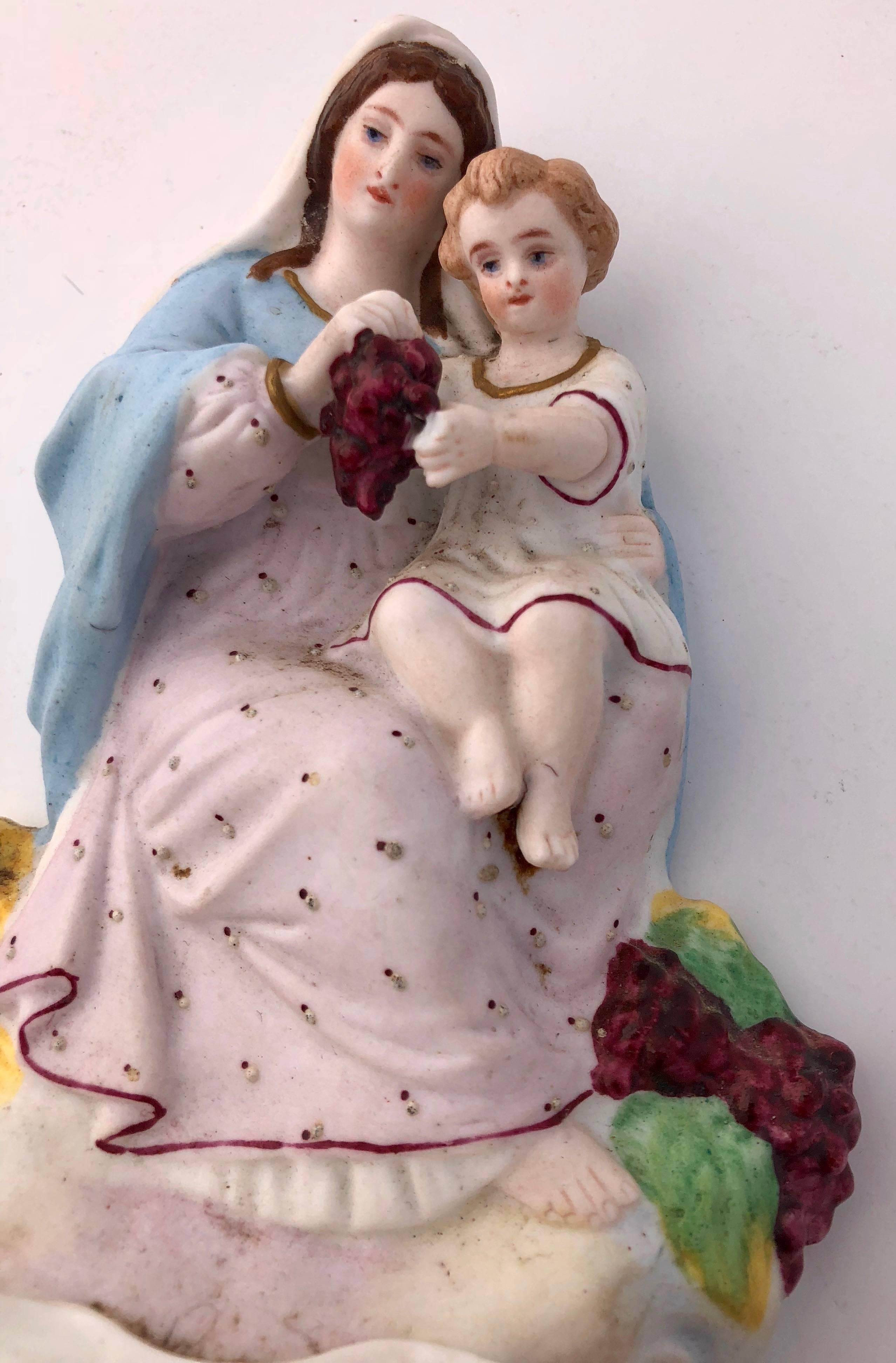 French Bisque Hand-Painted Faïence Bénitier Mary and Jesus Blessing Grapes, 1800s For Sale