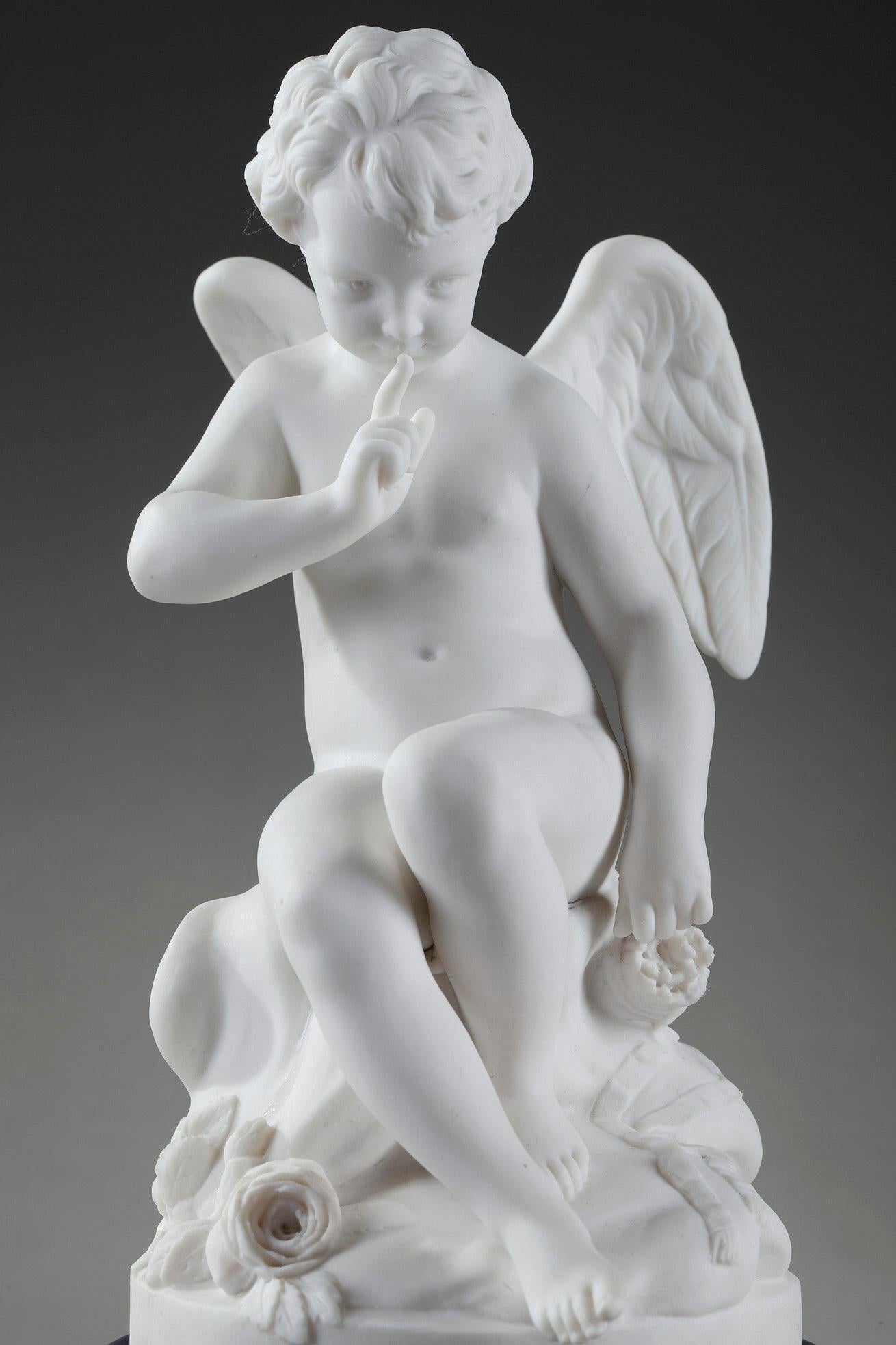 Bisque statue featuring L'Amour menaçant (Menacing Cupid) known as Falconet's Cupid, a famous work commissionned by Madame de Pompadour, mistress of Louis XV, whose model in plaster was presented at the Salon of 1755. Falconet realized several