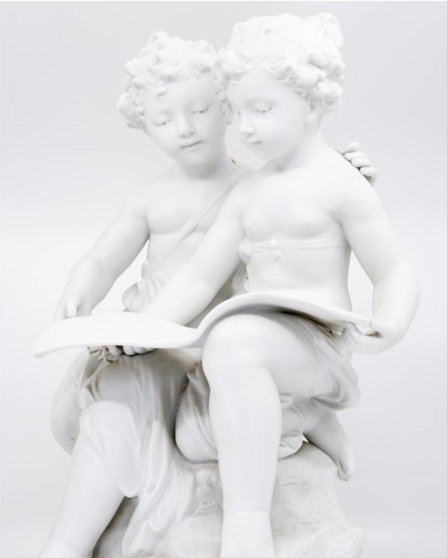 Bisque Porcelain a Stature of Boy and Girl Reading a Book, French, 19th Century For Sale 4