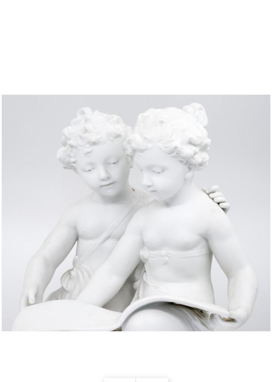 Carrara Marble Bisque Porcelain a Stature of Boy and Girl Reading a Book, French, 19th Century For Sale
