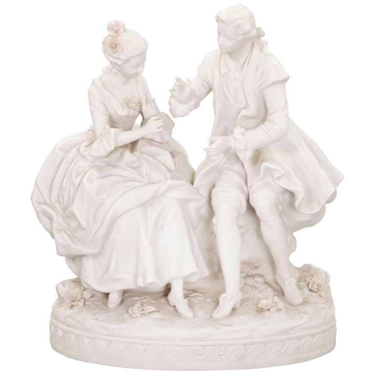 Bisque porcelain couple in conversation, 1762