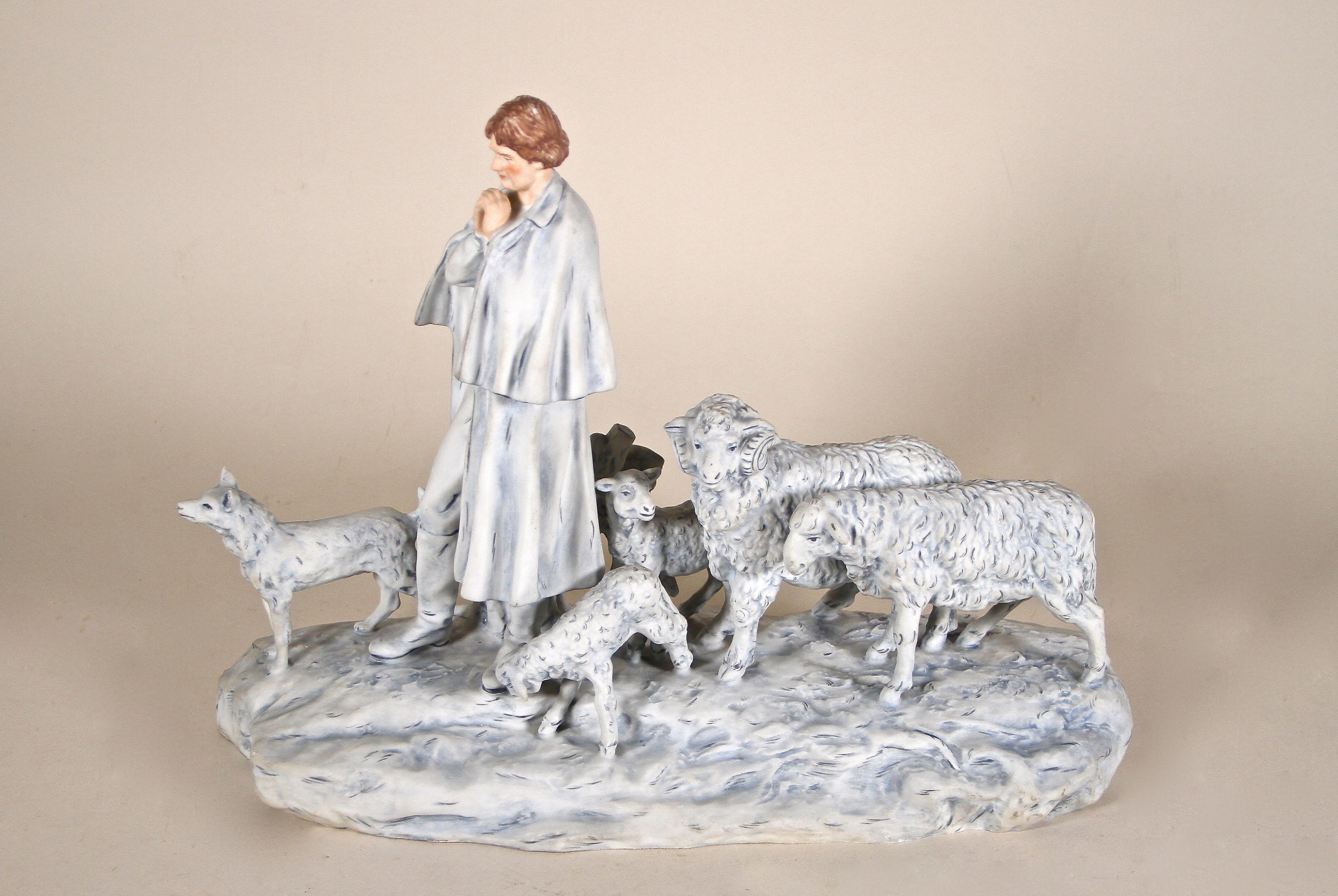 Beautiful Porcelain Sculpture by Royal Dux from the early 20th century depicting a shepherd with his herd. Artfully designed around 1916 by the renown german sculptor Hermann Schubert, it was made in the Czech Republic by the famous company of Royal