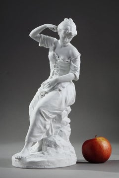 Biskuitstatuette „ sitzende Bauernfrau mit Blumen in der Hand“, 19. Jahrhundert