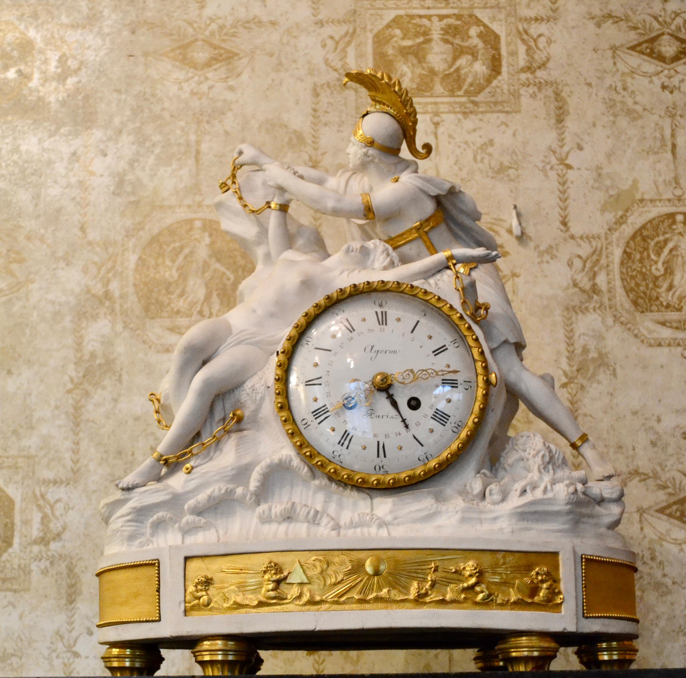 Bisquit Porcelain and Gilt Bronze Figural Clock of Perseus Freeing Andromeda For Sale 3