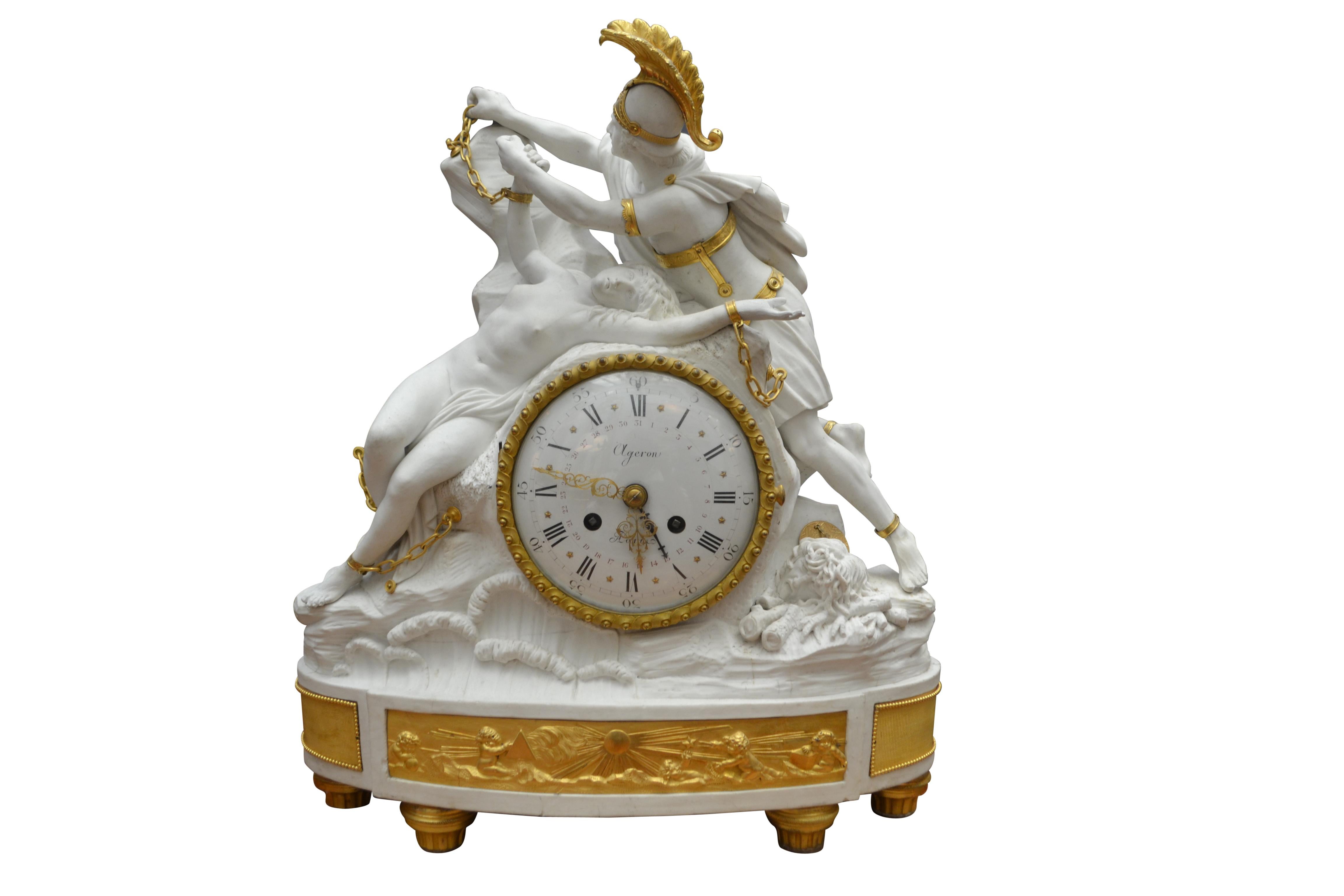 Bisquit Porcelain and Gilt Bronze Figural Clock of Perseus Freeing Andromeda In Good Condition For Sale In Vancouver, British Columbia