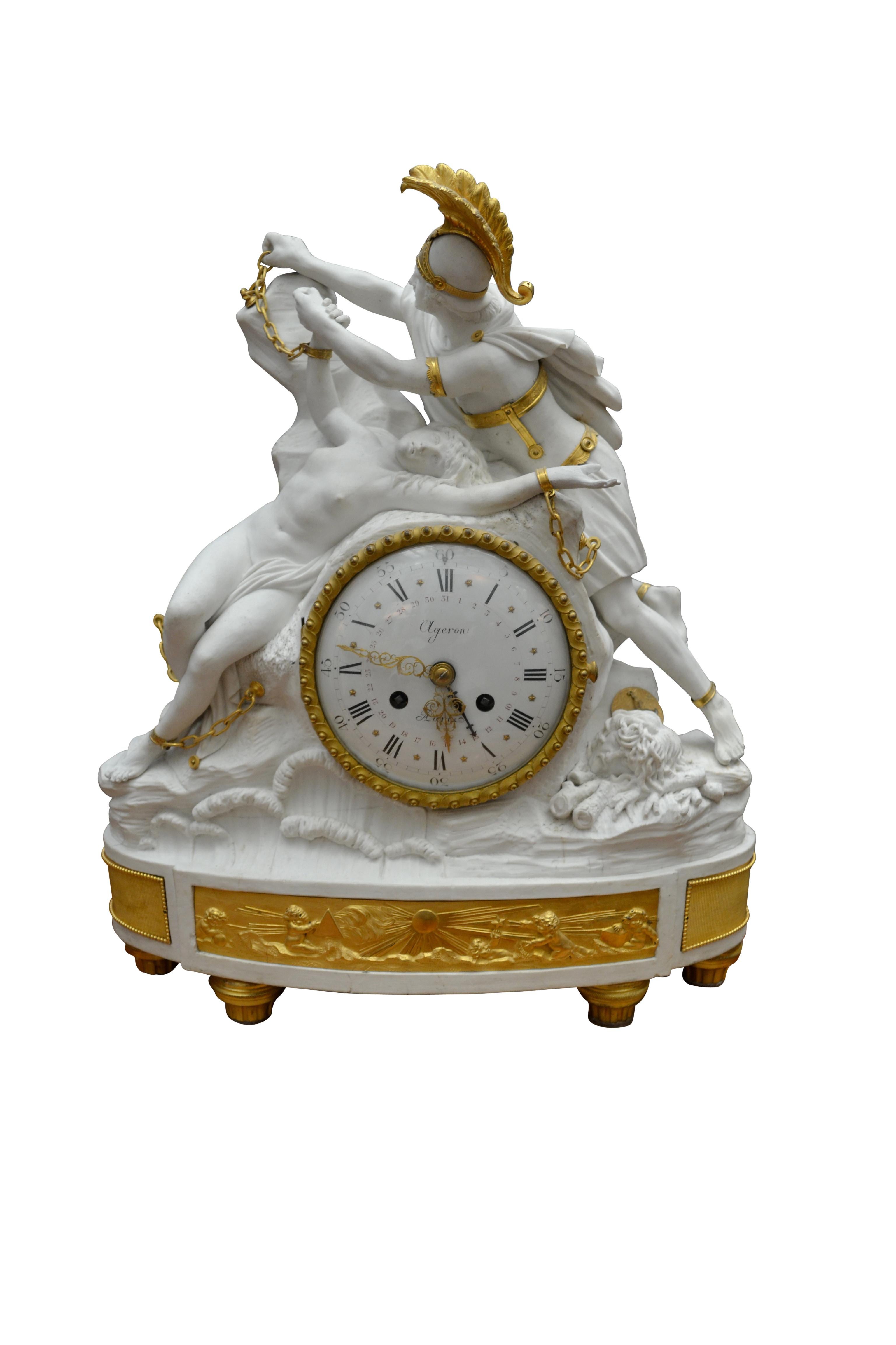 18th Century Bisquit Porcelain and Gilt Bronze Figural Clock of Perseus Freeing Andromeda For Sale