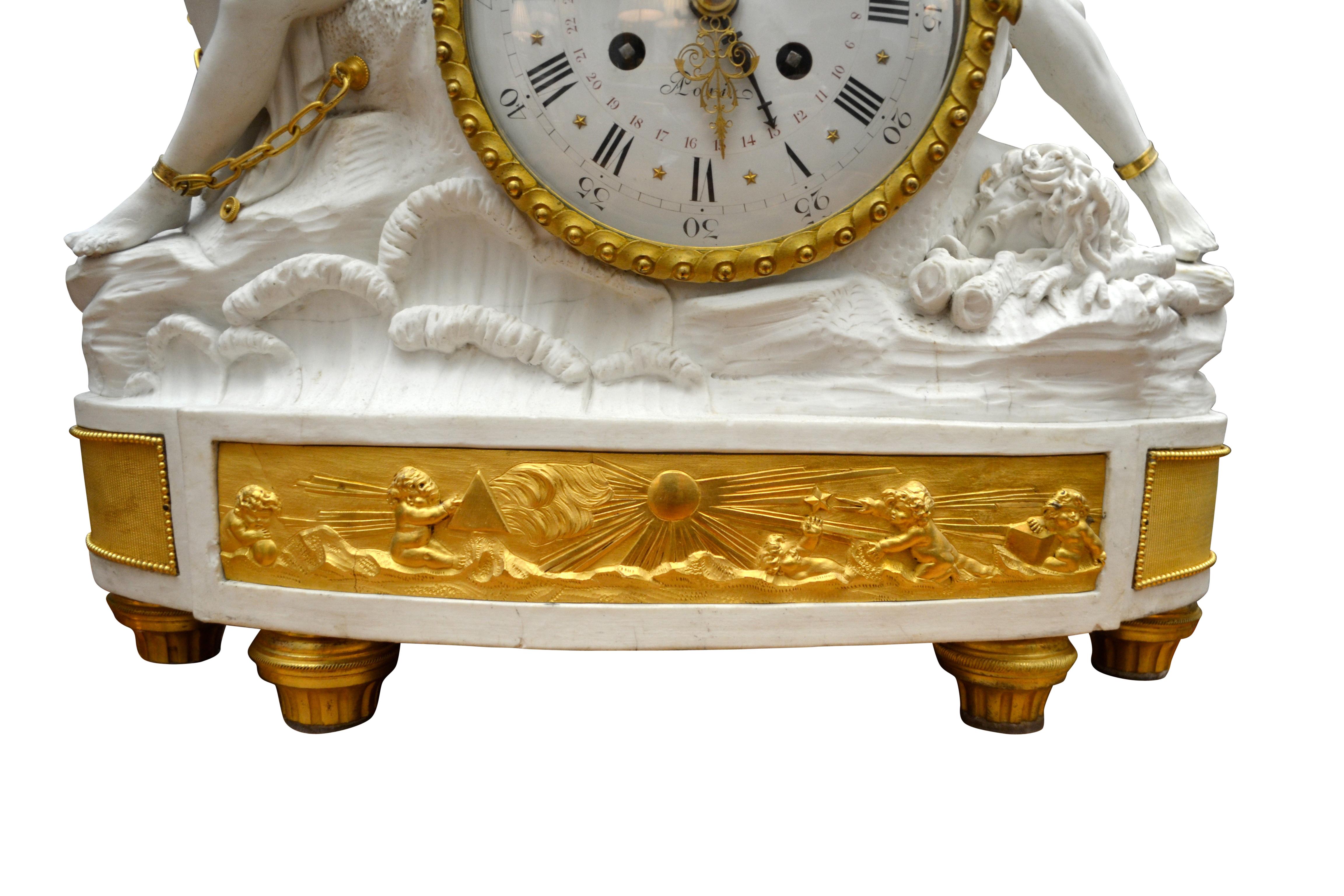 Bisquit Porcelain and Gilt Bronze Figural Clock of Perseus Freeing Andromeda For Sale 1