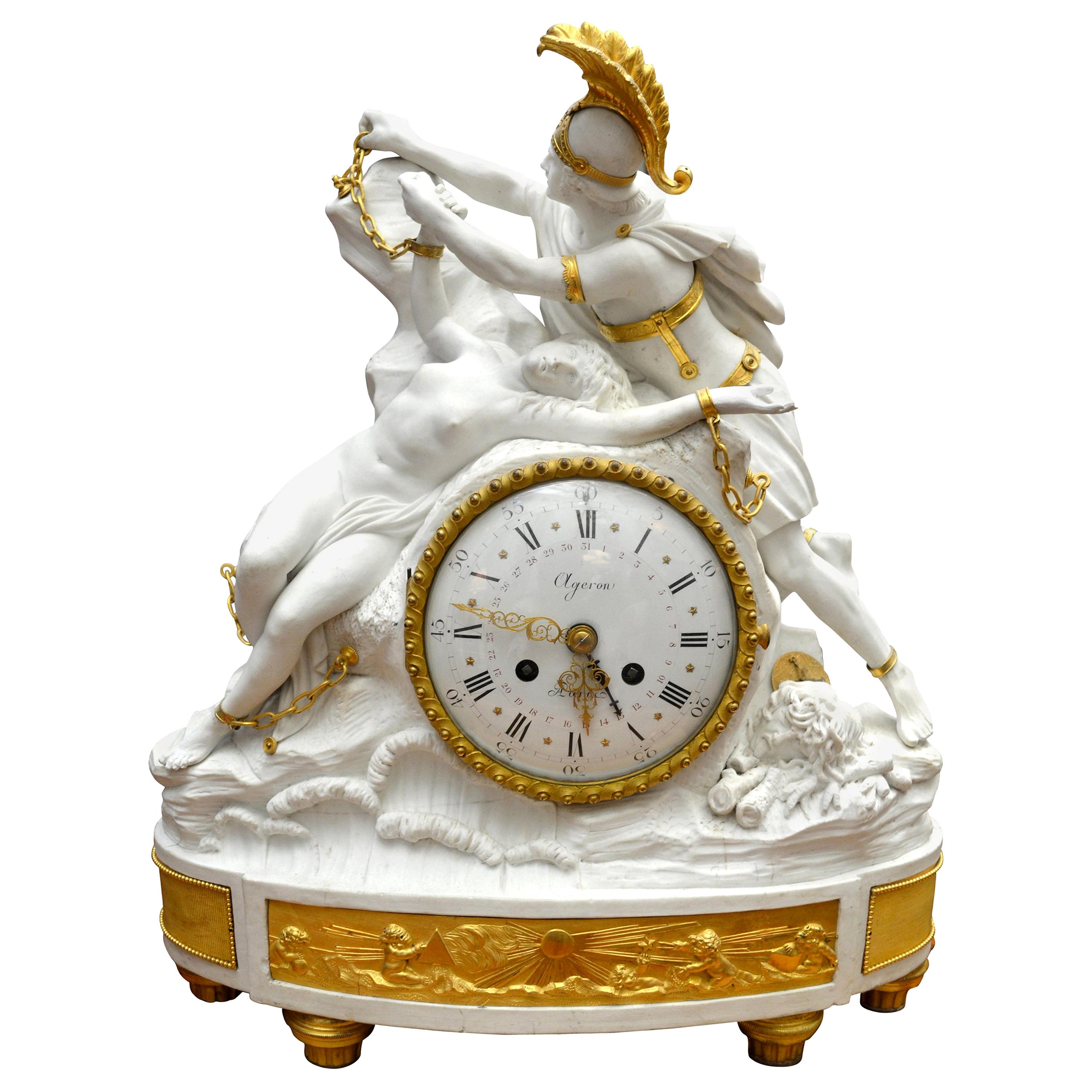 A fine and rare Bisquit porcelain and gilt bronze Louis XV figural clock f depicting a famous scene in Greek Mythology of Perseus freeing Andromeda. The clock case is made of Bisquit (unglazed) porcelain. The figural group is presented on a rocky